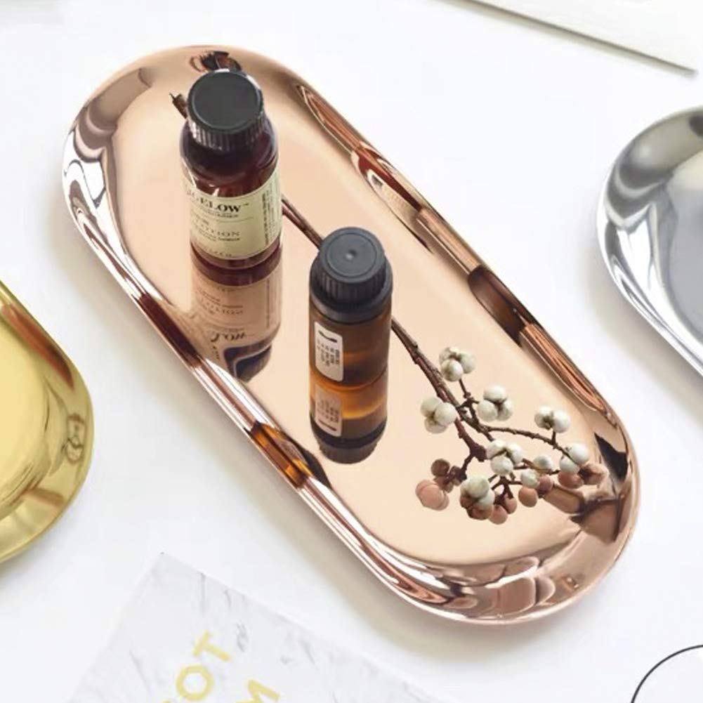 Lemonadeus Oval Tray - Rose Gold Jewelry Organizer, Cosmetic Dish & Fruit Serving Tray (8 Inch) | Perfect for Bathroom Vanity, Dining Table Decor & Earring Storage