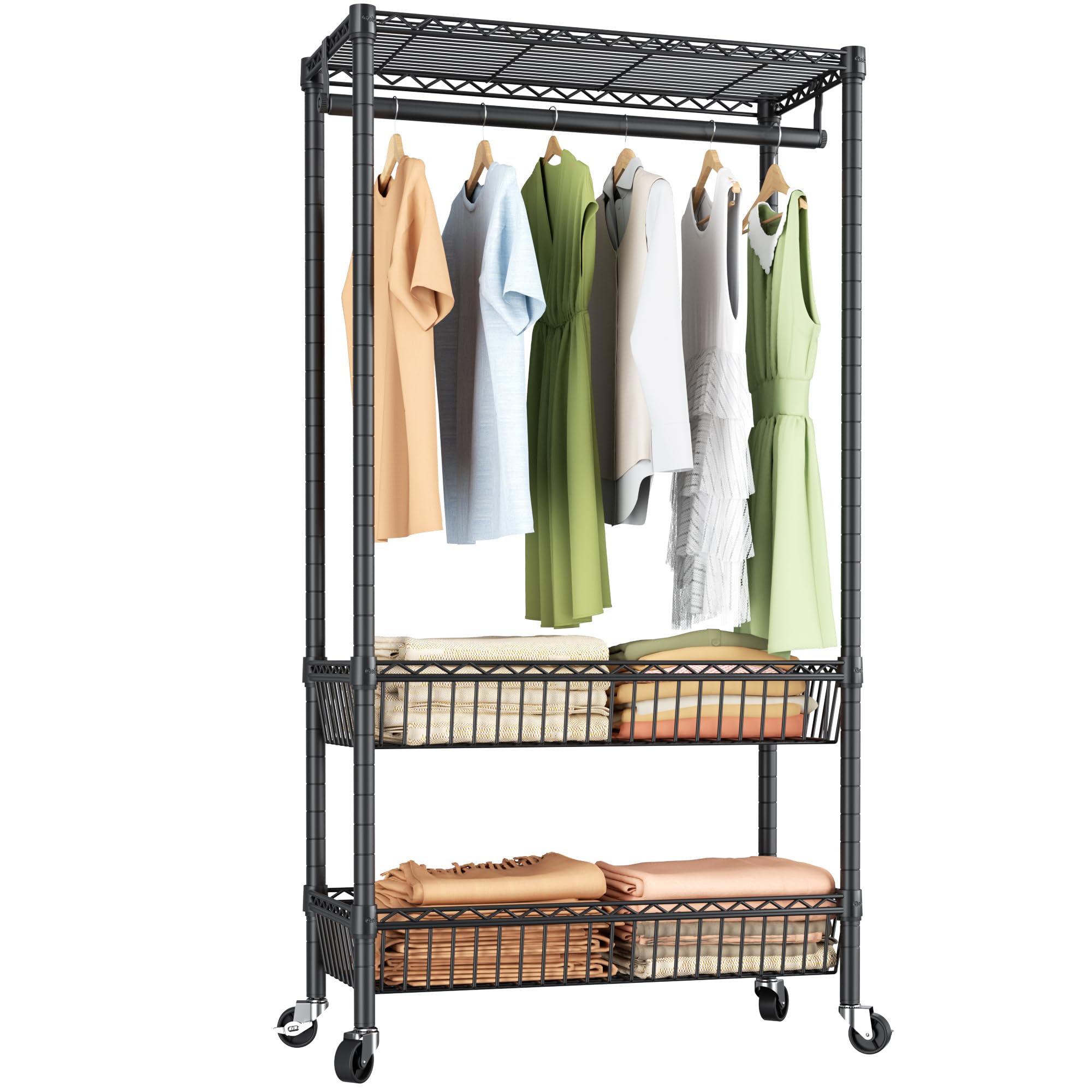 Heavy Duty Rolling Garment Rack - Adjustable Wire Shelving Clothing Organizer with Hanger Hooks & Double Baskets | Freestanding Metal Wardrobe Storage for Closet, Laundry Room, or Retail Store Use