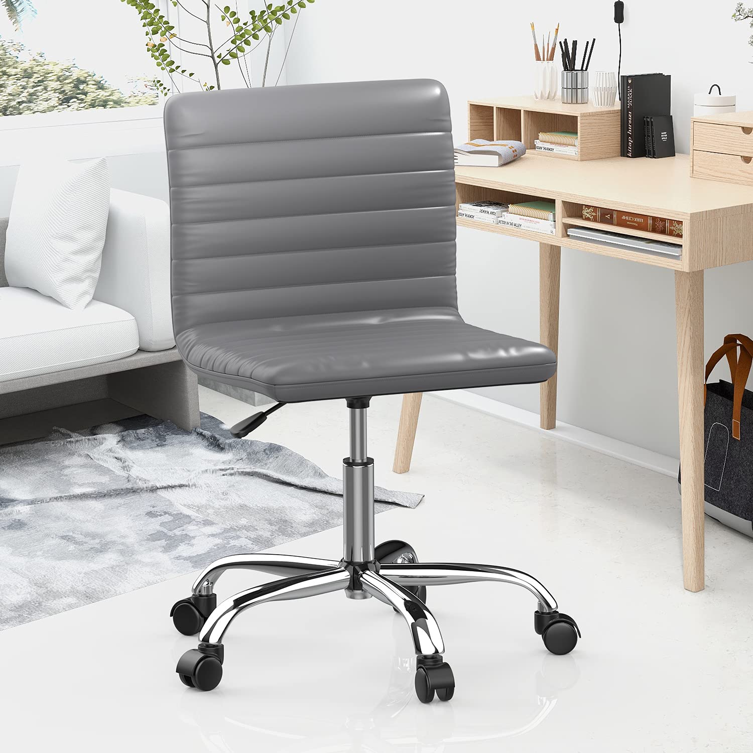 Ergonomic Armless Office Chair - Leather Swivel Task Chair with Mid Back Ribbed Design for Home & Office - Adjustable Height White Desk Chair for Adults & Kids - Perfect for Work, Study, Gaming & Vanity (Grey)