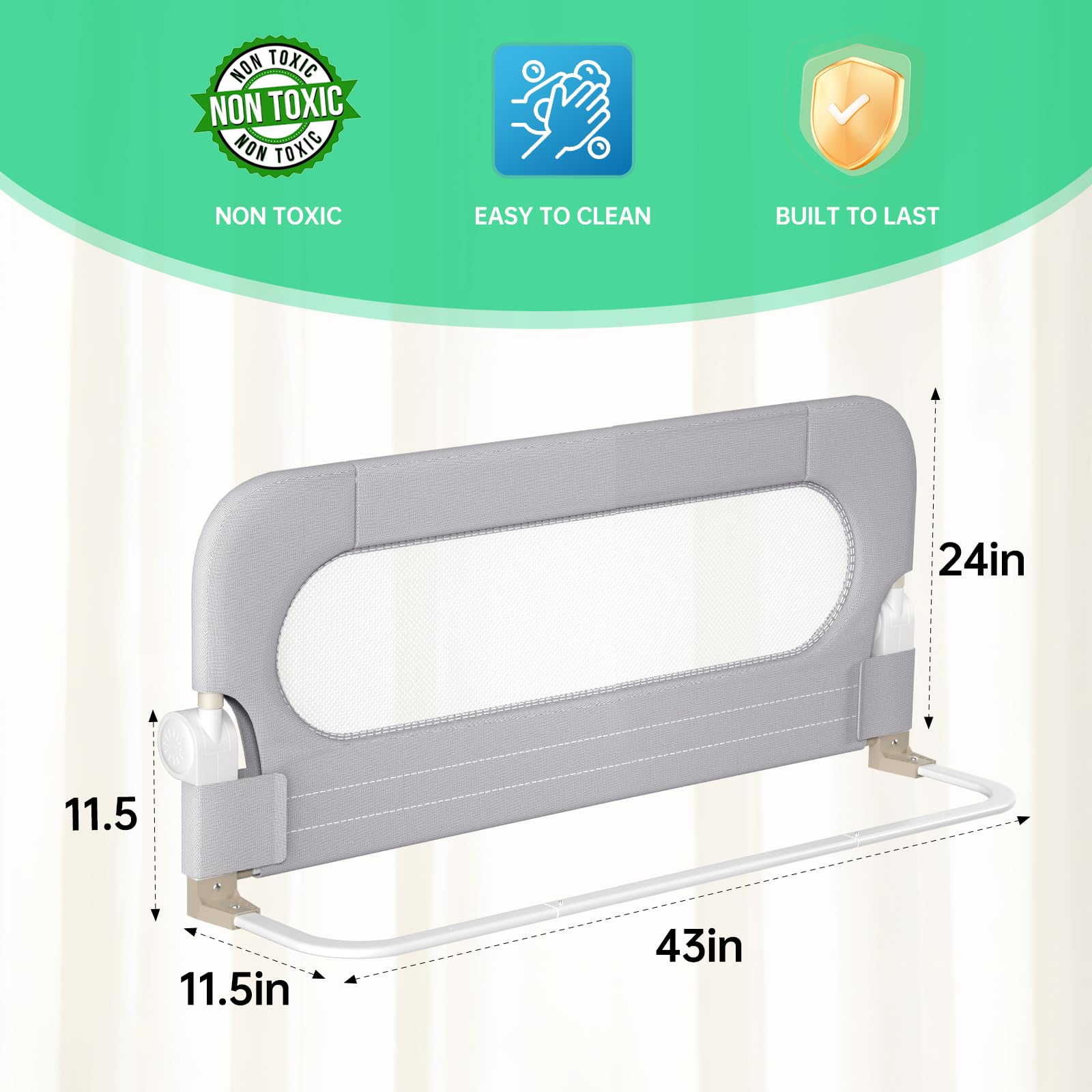 **Toddler Safety Bed Rail - Adjustable & Reinforced Anchor System for Bunk, Full, Queen, King & Twin Beds (Grey, 43