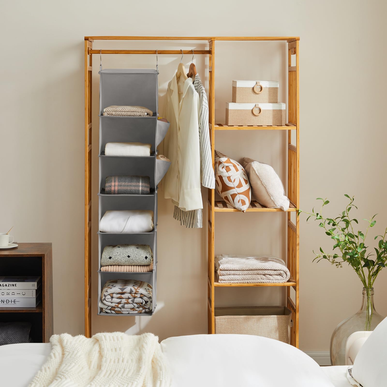 6-Shelf Hanging Closet Organizer - Sturdy Bamboo Frame with Fabric Storage | Space-Saving Sweater & Clothes Organizer (11.8”x11.8”x47.2”, Light Grey) | Perfect for Bedroom, Closet & Dorm Organization
