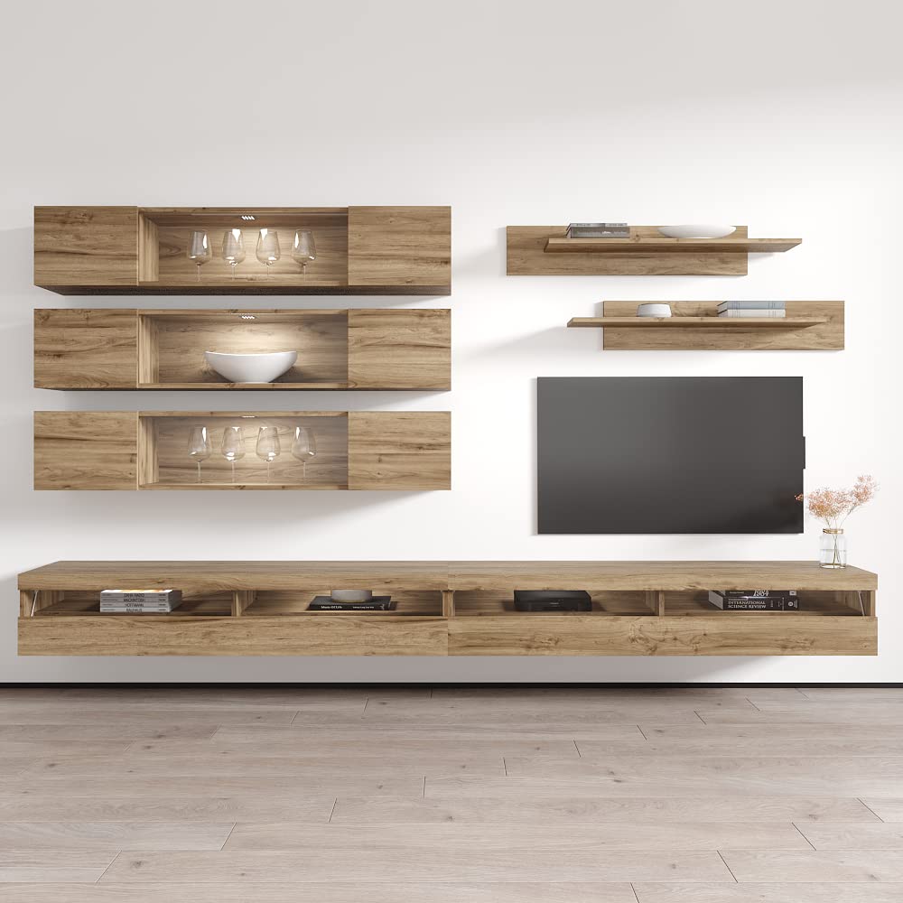 Modern Floating TV Stand with Storage & LED Lights - Wall-Mounted Entertainment Center Console for Bedroom & Living Room - Oak Wood TV Cabinet with Shelves - Perfect for Small Spaces & Home Theater Setup