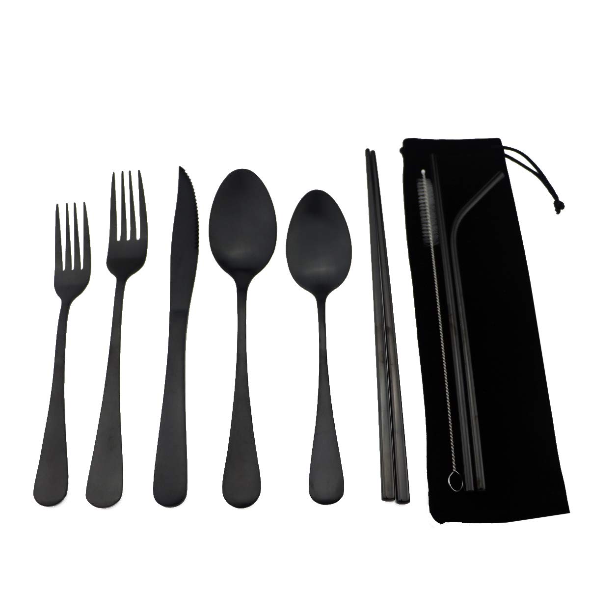 Eco-Friendly Black Reusable Utensil Set with Travel Case - Stainless Steel Camping Cutlery Kit (Knife, Fork, Spoon, Mirror Straws, Chopsticks) - Perfect for Outdoor Adventures, Office Lunch & School Meals | Durable Portable Flatware for Hiking, Travel & Daily Use