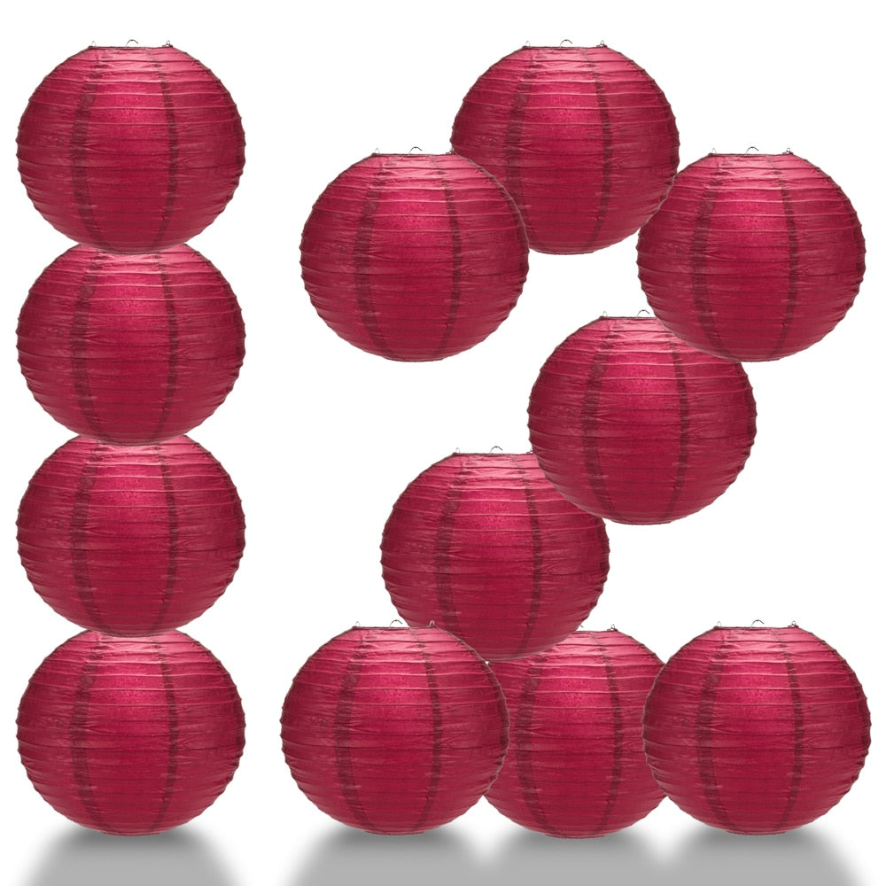 12 Pack 16 Inch Velvet Rose Red Parallel Ribbing Round Paper Lanterns - Perfect for Wedding Decor, Party Supplies & Home Decoration