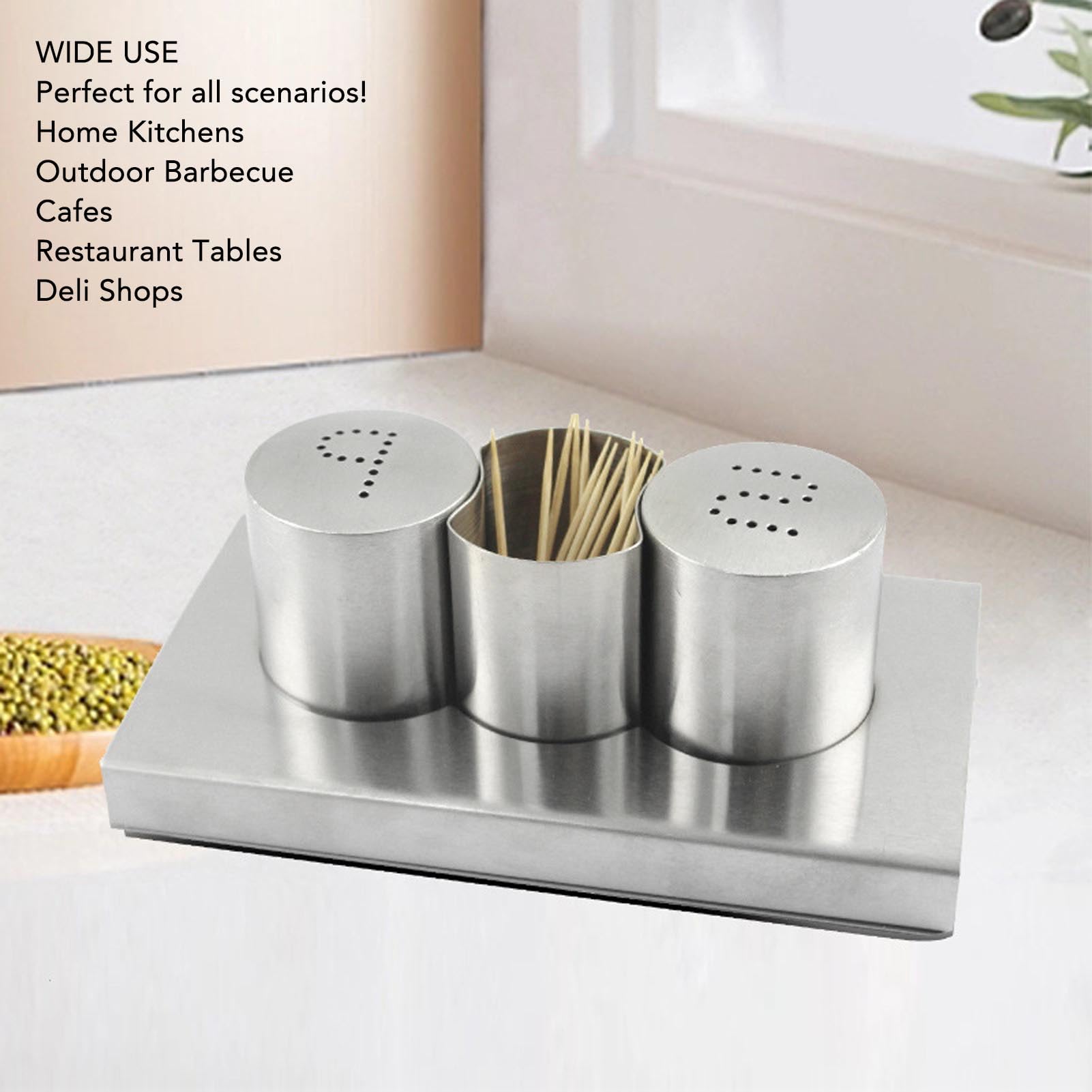 Premium Stainless Steel Salt and Pepper Shakers Set with Toothpick Holder - Kitchen Spice Dispenser & Condiment Shaker for Dining Table, Restaurant, and Home Cooking Use