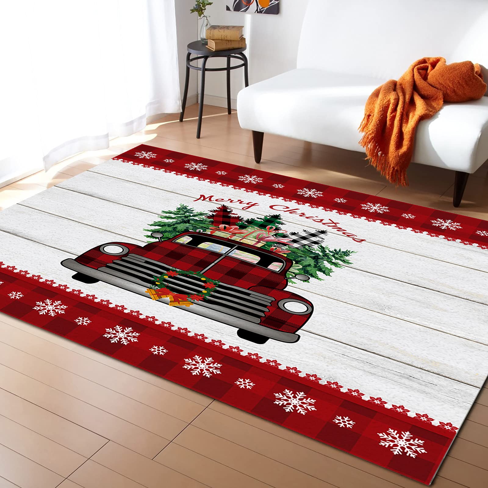 Non-Slip Absorbent Christmas Truck Design 4x6 Feet Area Rug with Red Border & Snowflakes - Soft Floor Mat for Living Room, Bedroom, Kitchen & Entryway | Perfect Holiday Home Decor & Cozy Gift Idea