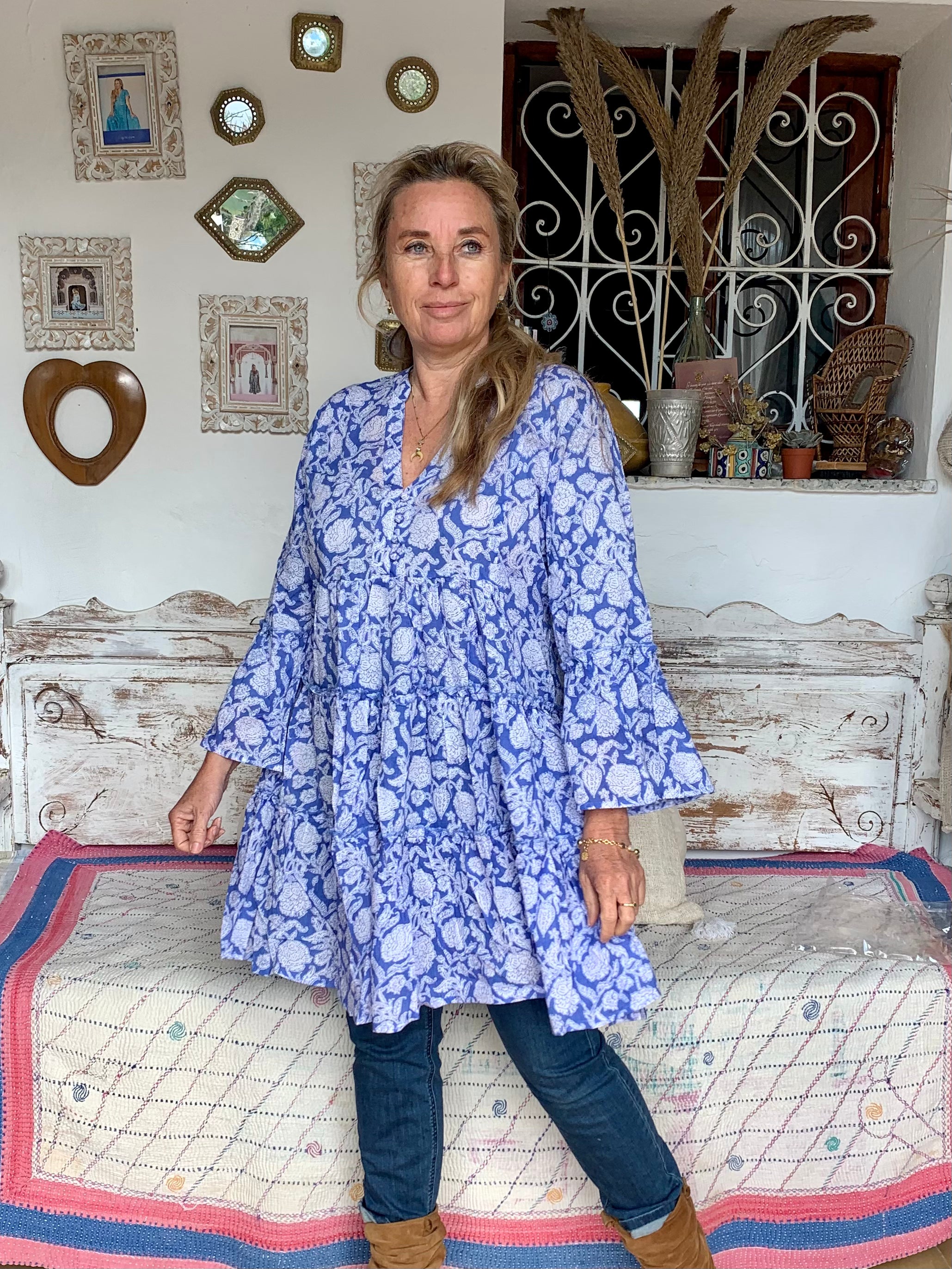 Blue Floral Geo Print Short Dress - Stylish Summer Casual Outfit for Beach, Picnic & Date Night