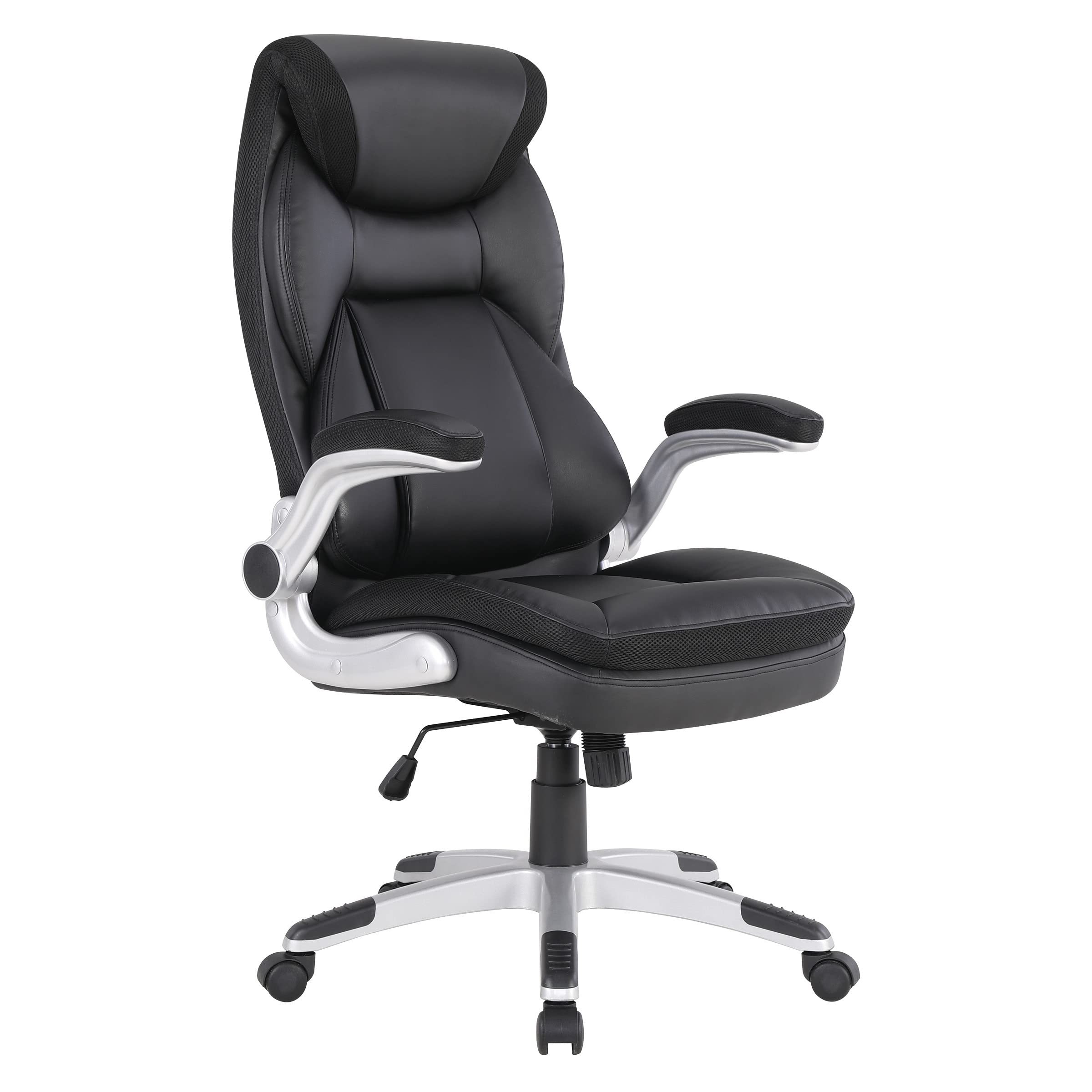 Office Star ECH Series Executive Bonded Leather Office Chair with Lumbar Support & Adjustable Arms - Black with Silver Base | Ergonomic Desk Chair for Home Office, Gaming & Workspace Comfort