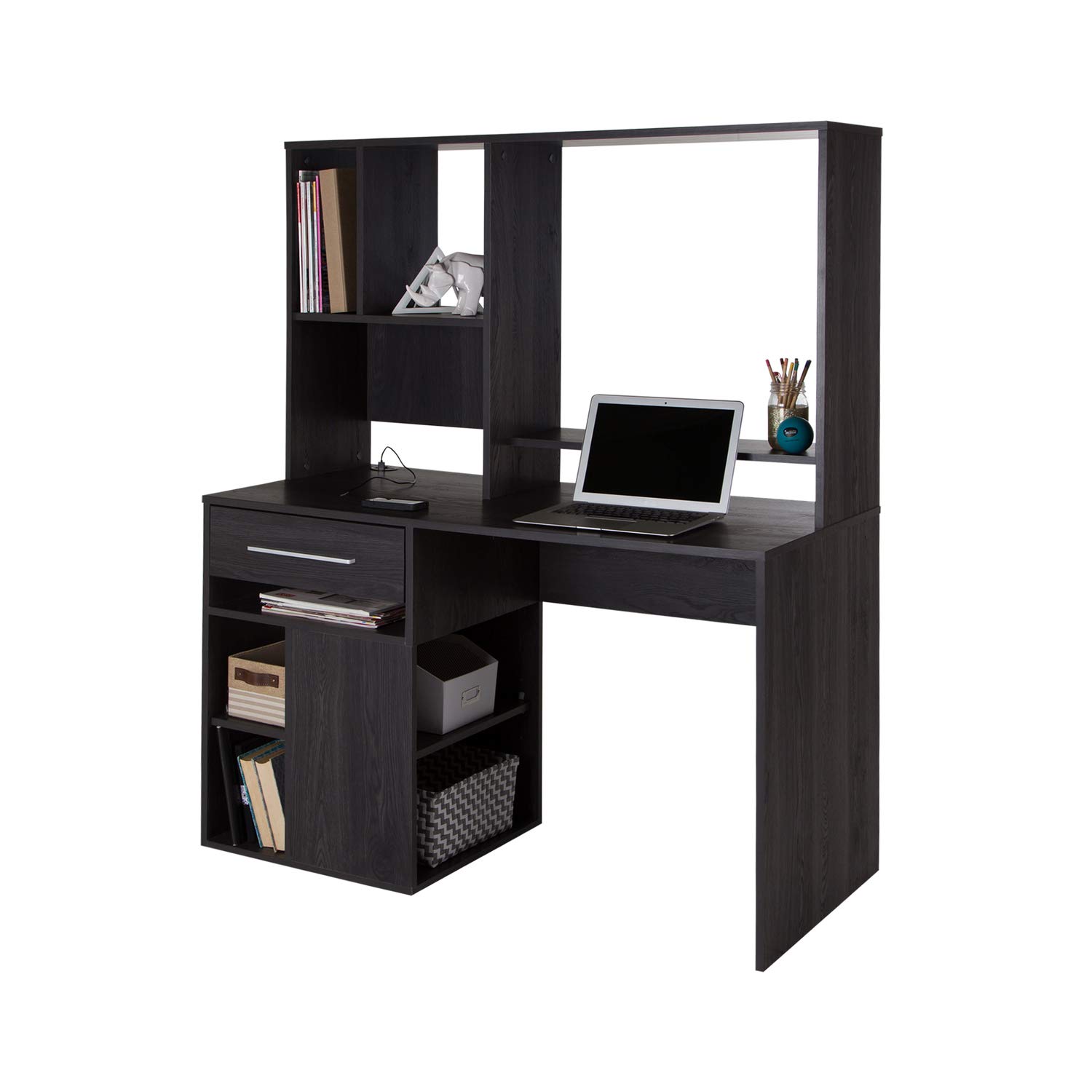 South Shore Narrow Home Office Computer Desk with Hutch in Pure Black - Perfect for Small Spaces, Work from Home & Study