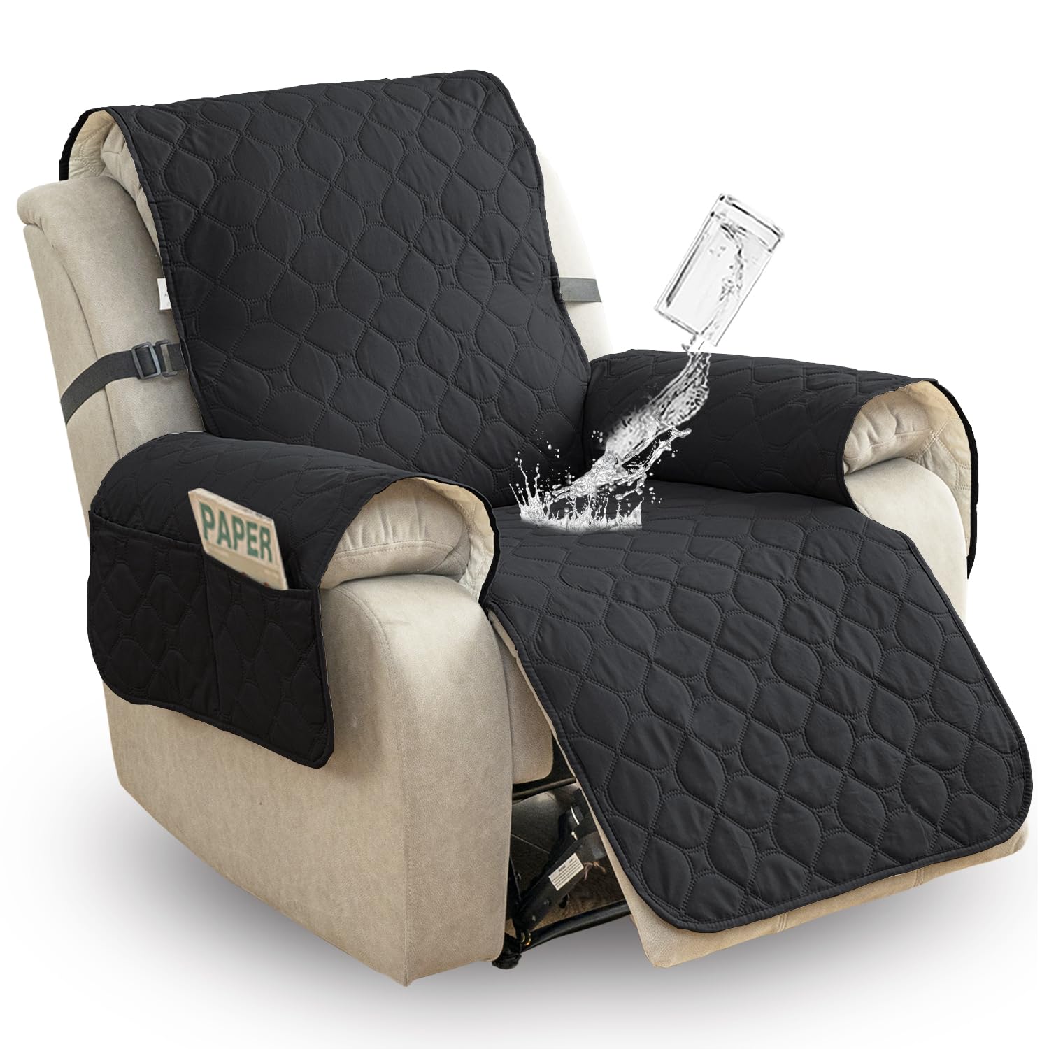 100% Waterproof & Non-Slip Recliner Sofa Slipcover - Washable Pet-Friendly Chair Cover with Elastic Straps, Universal Reclining Furniture Protector (Black, 28
