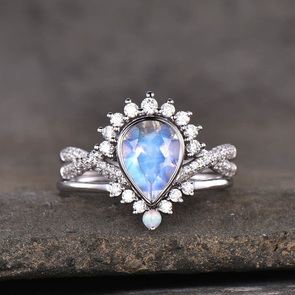 Vintage Moonstone Engagement Ring Set - Pear Shaped Stone with Twisted Band for Wedding, Proposal & Anniversary Gifts | Handmade Silver Jewelry for Brides & Couples