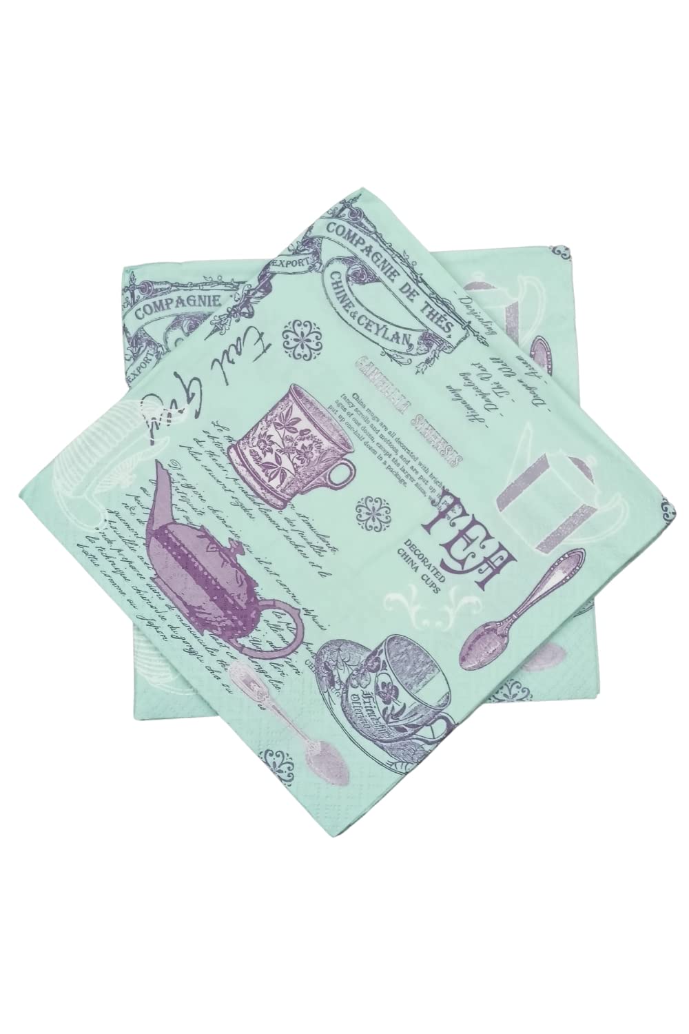 Premium 3-Ply Printed Tea Cup Design Tissue Napkins - Aqua Blue, Pack of 20 | Soft Disposable Dinner Napkins for Home, Kitchen, Cocktail Parties & Elegant Dining Events