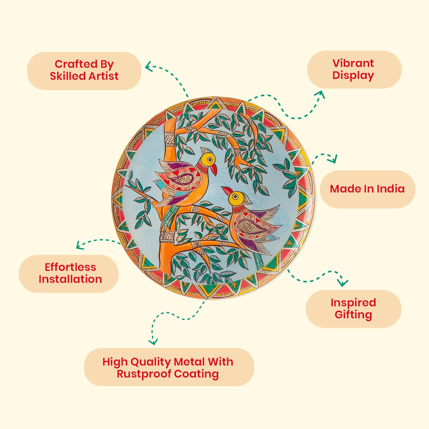 Handcrafted Madhubani Iron Wall Art Plates Set of 5 - Traditional Indian Metal Wall Decor for Living Room & Bedroom - Unique Home Decor Accent for Boho, Ethnic & Spiritual Interiors
