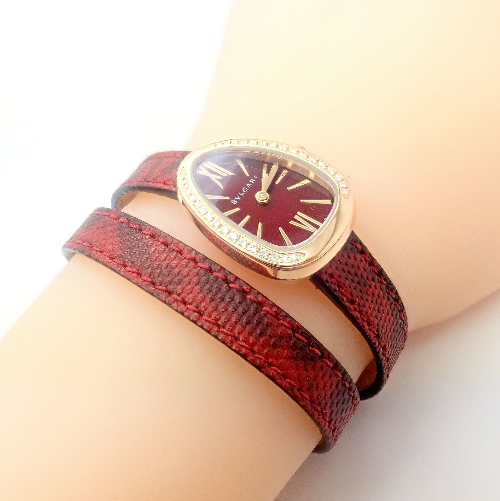 Bulgari Serpenti 18k Rose Gold Diamond Tubogas Watch with Red Snake Band & Tool - Luxury Women's Jewelry for Gifts & Special Occasions