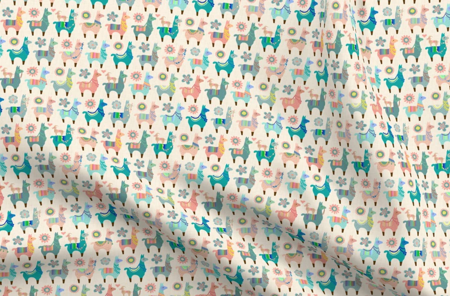 Llama Fun Ivory Nursery Pastels Goats Printed Denim Fabric by The Yard - Bottomweight Cotton Material for Apparel, Home Decor & Upholstery - Perfect for DIY Clothing, Curtains, and Throw Pillows