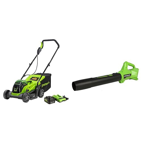 Greenworks 24V 13-Inch Cordless Brushless Lawn Mower with Blower, 4.0Ah Battery & USB Charger Included - Perfect for Small to Medium Yards, Patio & Garden Maintenance