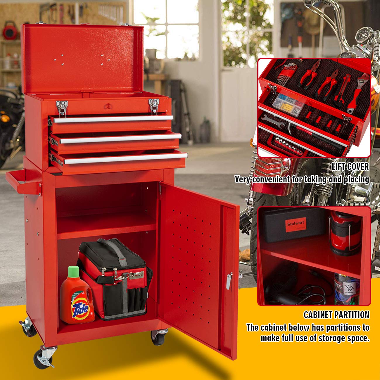 X&T 2-Piece Rolling Tool Chest Set - Heavy Duty Metal Tool Box with 4 Wheels & 3 Lockable Drawers, Portable Garage Workshop Storage Cabinet for Mechanics & DIY (Red) - Perfect for Home Garage, Auto Repair Shops & Construction Sites