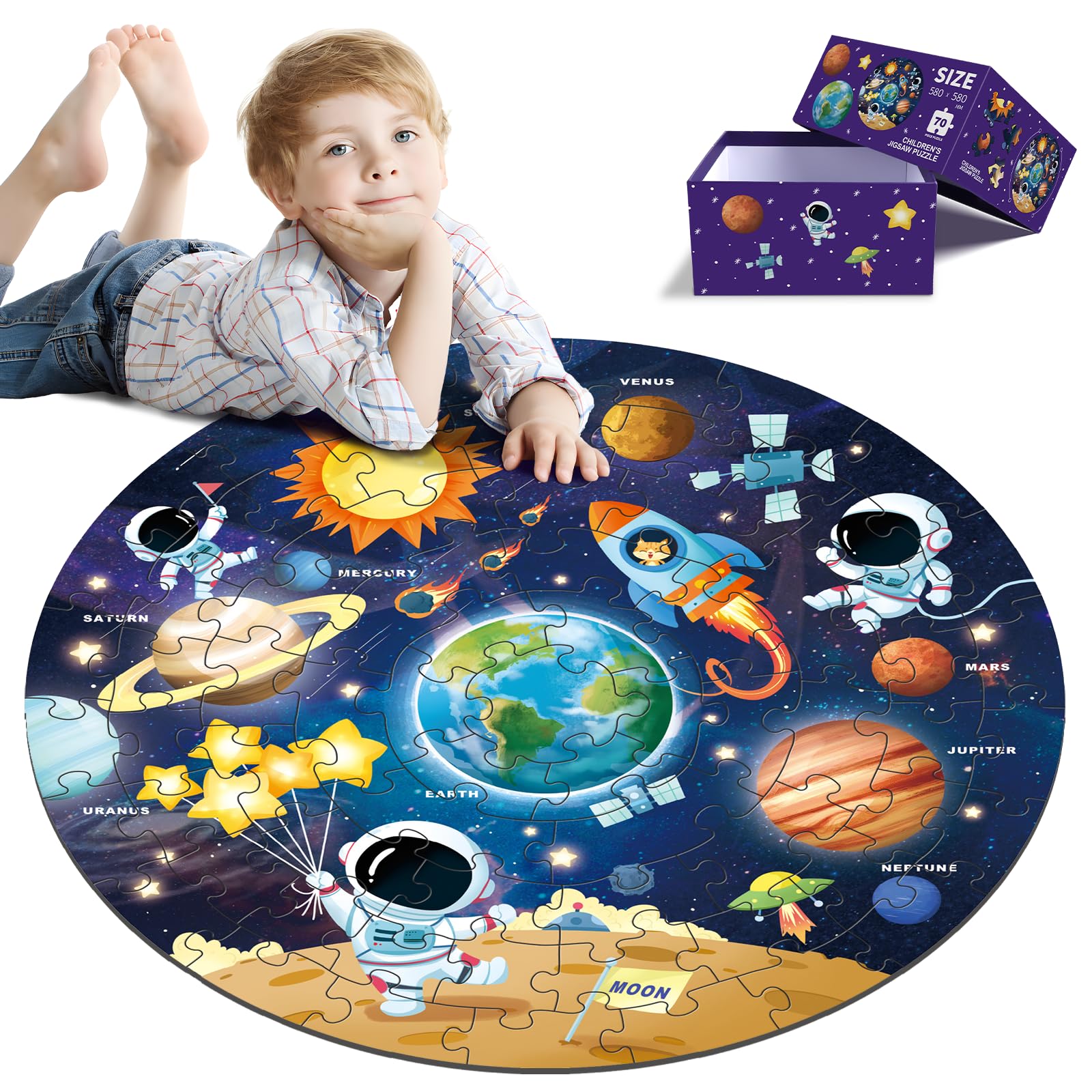 70-Piece Round Jigsaw Puzzle for Kids Ages 3-8 | Educational Floor Toy for Preschool Learning | Solar System Theme for Birthday & Christmas Gifts