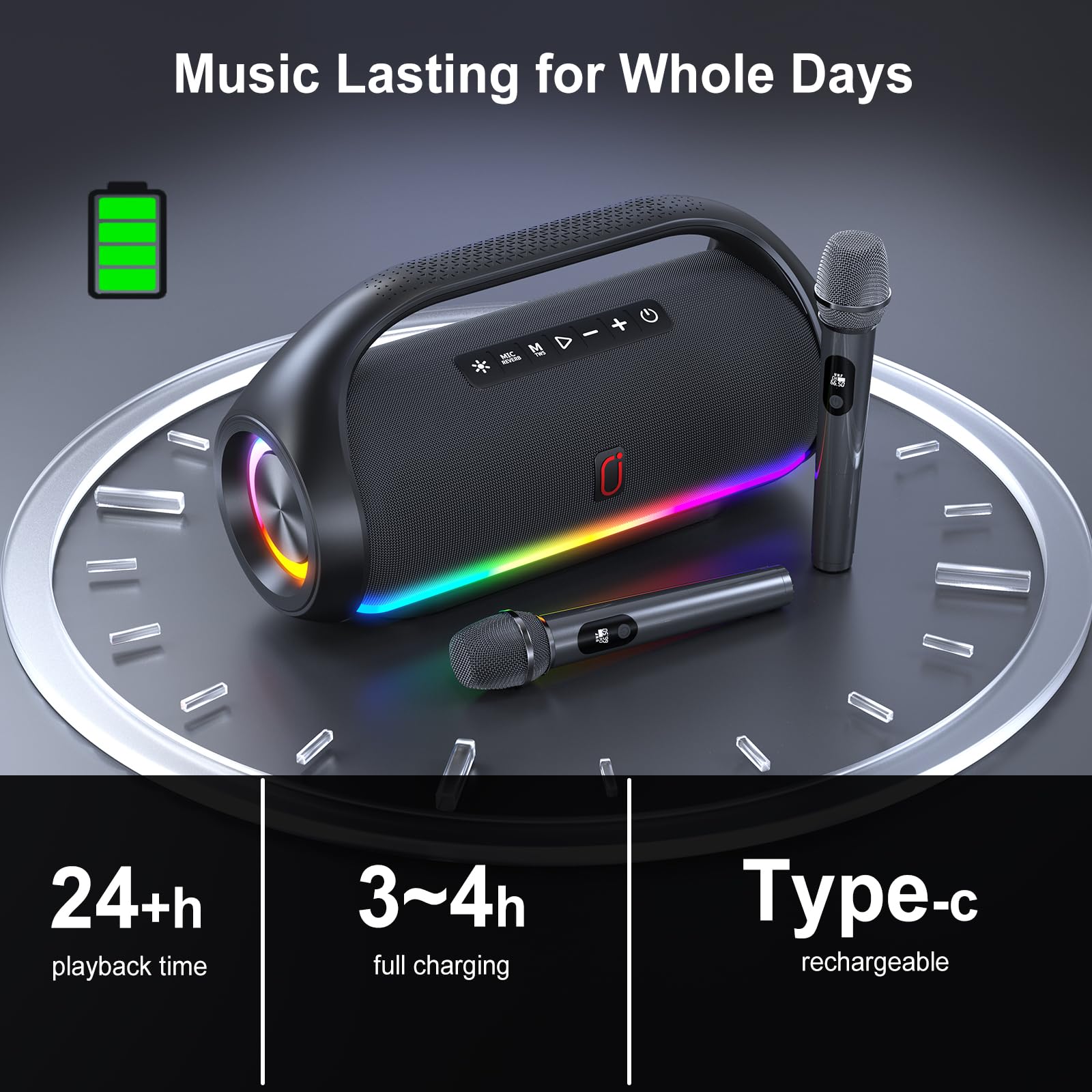 HWWR Portable Bluetooth Speaker with 2 Wireless Mics - IPX5 Waterproof, Deep Bass & LED Lights - Loud Stereo Speaker for Outdoor, Indoor, Home Parties, Hiking, Camping - Perfect for Backyard BBQs, Beach Trips & Poolside Gatherings