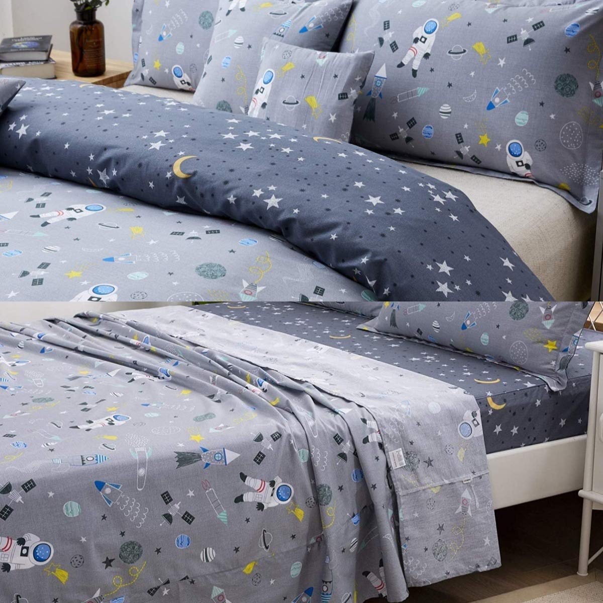 Brandream 7-Piece Queen Size Bed in a Bag - Gray Astronaut Themed Reversible Cotton Bedding Set with Duvet Cover & Sheets | Space-Themed Kids Room Decor for Boys & Girls Bedrooms