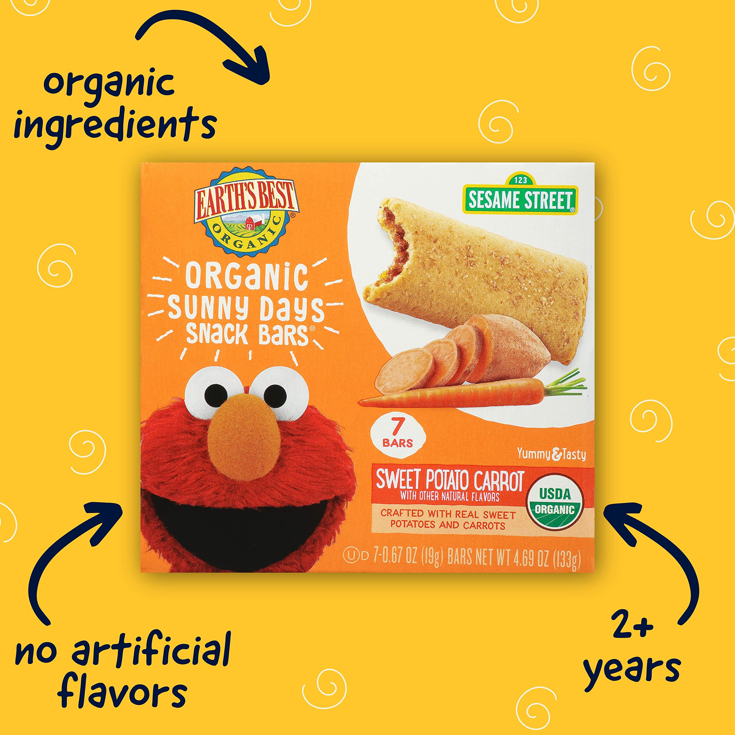Organic Sesame Street Toddler Snack Bars - Sweet Potato & Carrot Flavored | Earth's Best Kids Snacks for Ages 2+ | 7 Bars per Box (Pack of 6) | Healthy On-the-Go Snack for Preschool, Travel & Lunchboxes