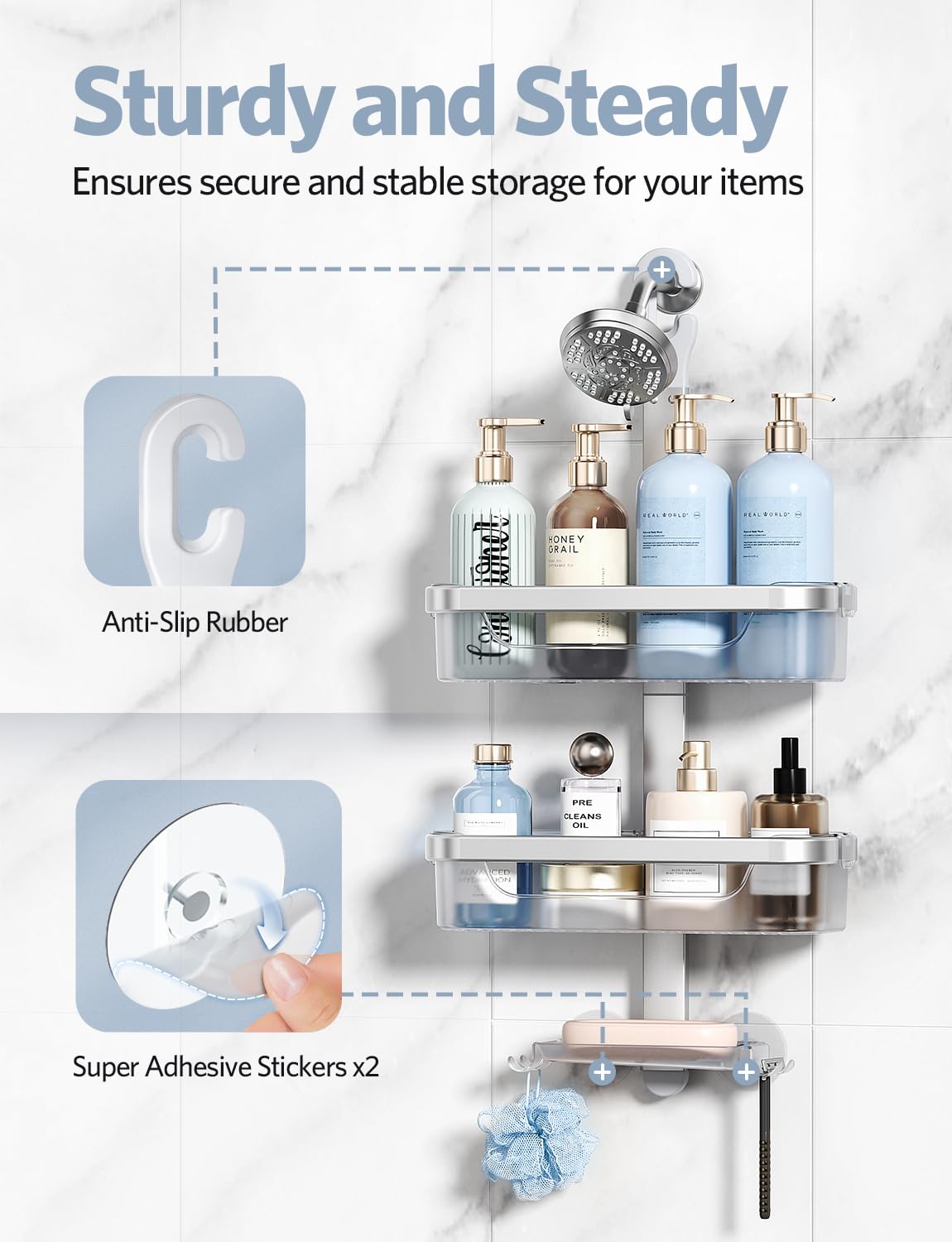 LAMU Adjustable Shower Caddy Hanging Organizer - 3-Tier Rust-Proof Aluminum Alloy + ABS Bathroom Storage with Hooks, Razor Holder & Soap Dish - Perfect for Small Spaces, Apartment & Dorm Showers (Silver)