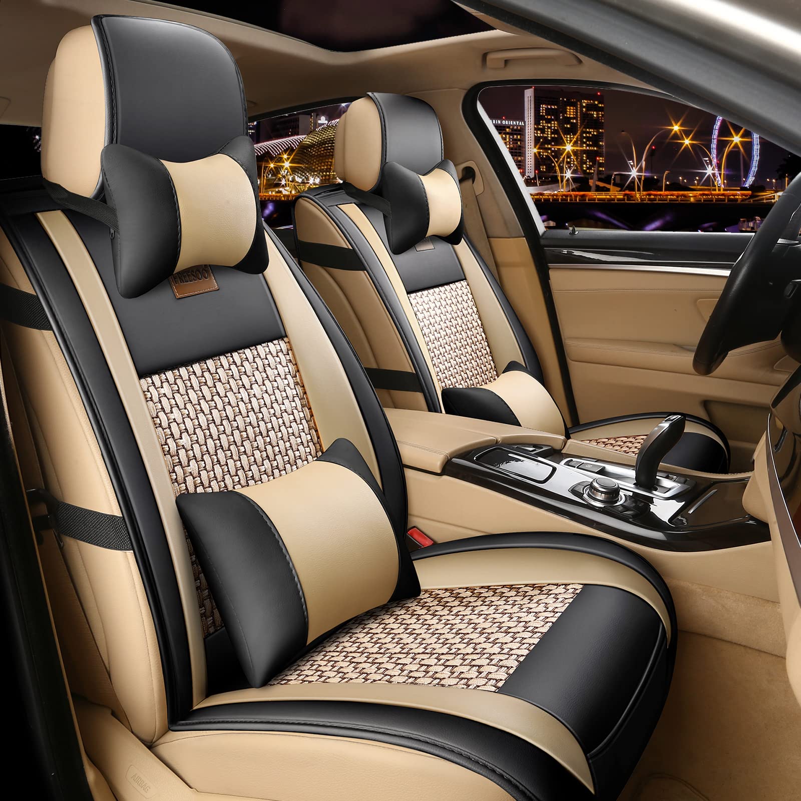 Premium Leather Car Seat Covers Full Set - Universal Fit for Sedan, SUV & Truck - Breathable Padded Seat Protector with Pillows (Khaki/Black) | Perfect for Road Trips, Daily Commute & Family Travel