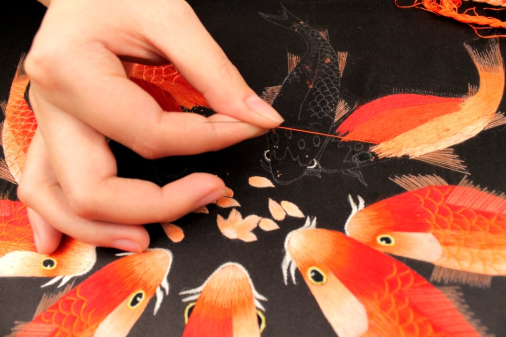 Handmade Japanese Koi Fish Embroidery Art - Traditional Red Koi Design for Home Decor, Wall Hanging, and Gift Giving