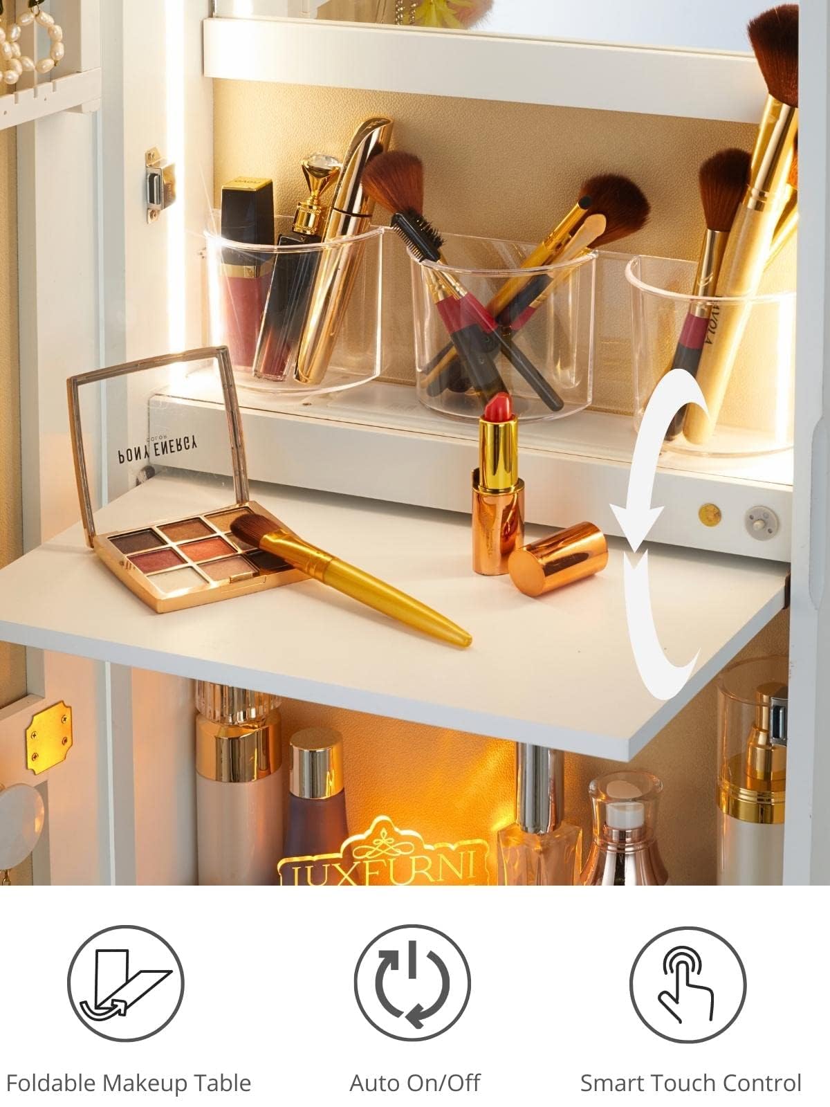 LUXFURNI White Jewelry Armoire Cabinet with Storage - Wall Mounted or Door Hanging Organizer with LED Light & Built-in Makeup Mirror - Perfect for Bedroom, Closet, or Dressing Room Organization