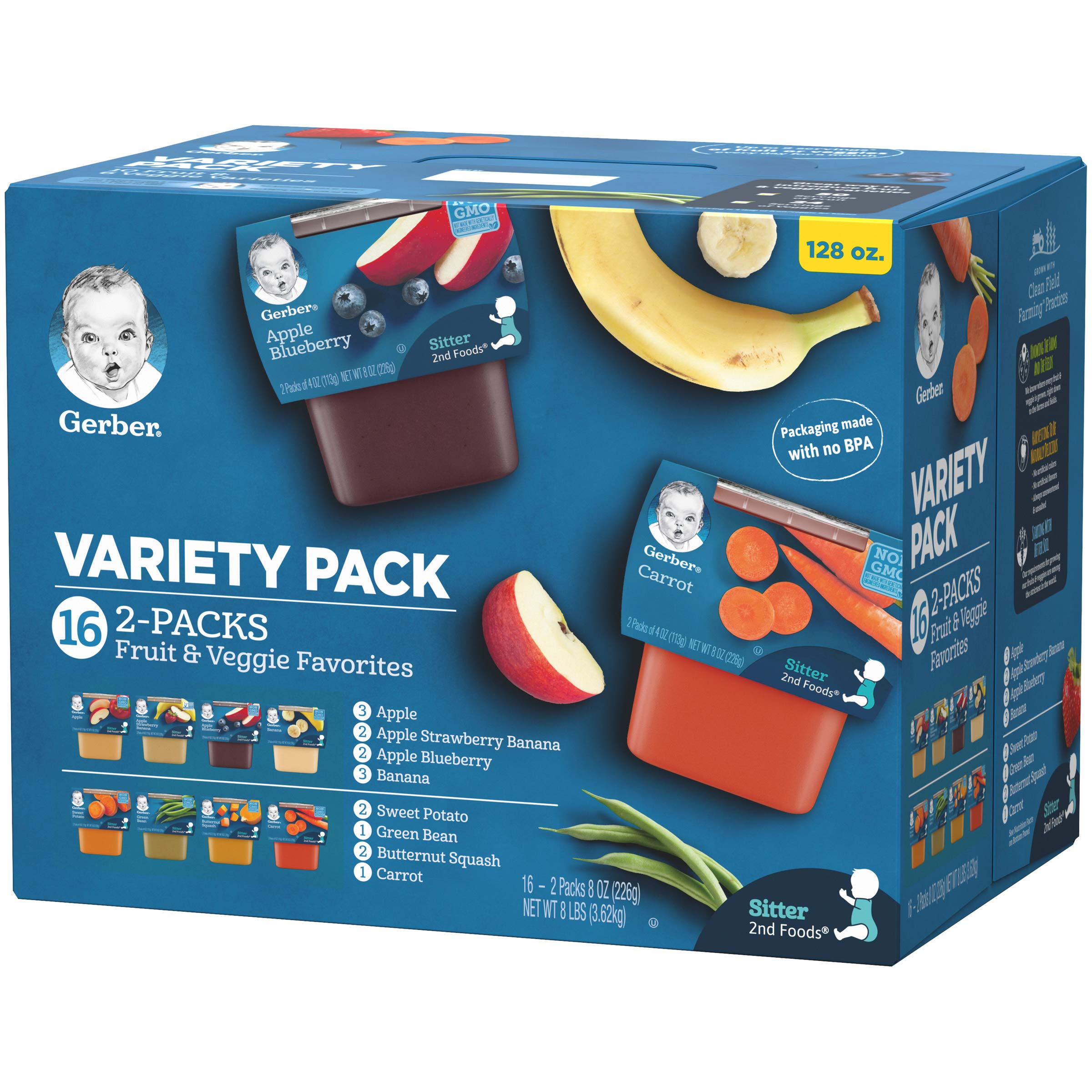 Gerber Purees 2nd Foods Veggie & Fruit Variety Pack - 8oz (16 Count) & Assorted Fruit Toddler Pouch Variety Pack (18 Count) | Organic Baby Food for On-the-Go, Travel & Snack Time | Packaging May Vary