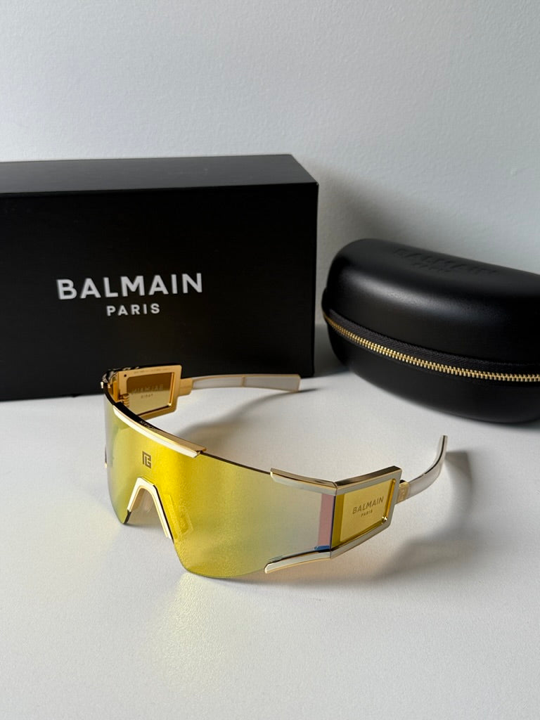 Balmain Fleche Oversized Mask Sunglasses - Gold Mirror Lens, UV Protection, Fashionable & Trendy for Women & Men | Perfect for Beach, Driving, and Outdoor Activities