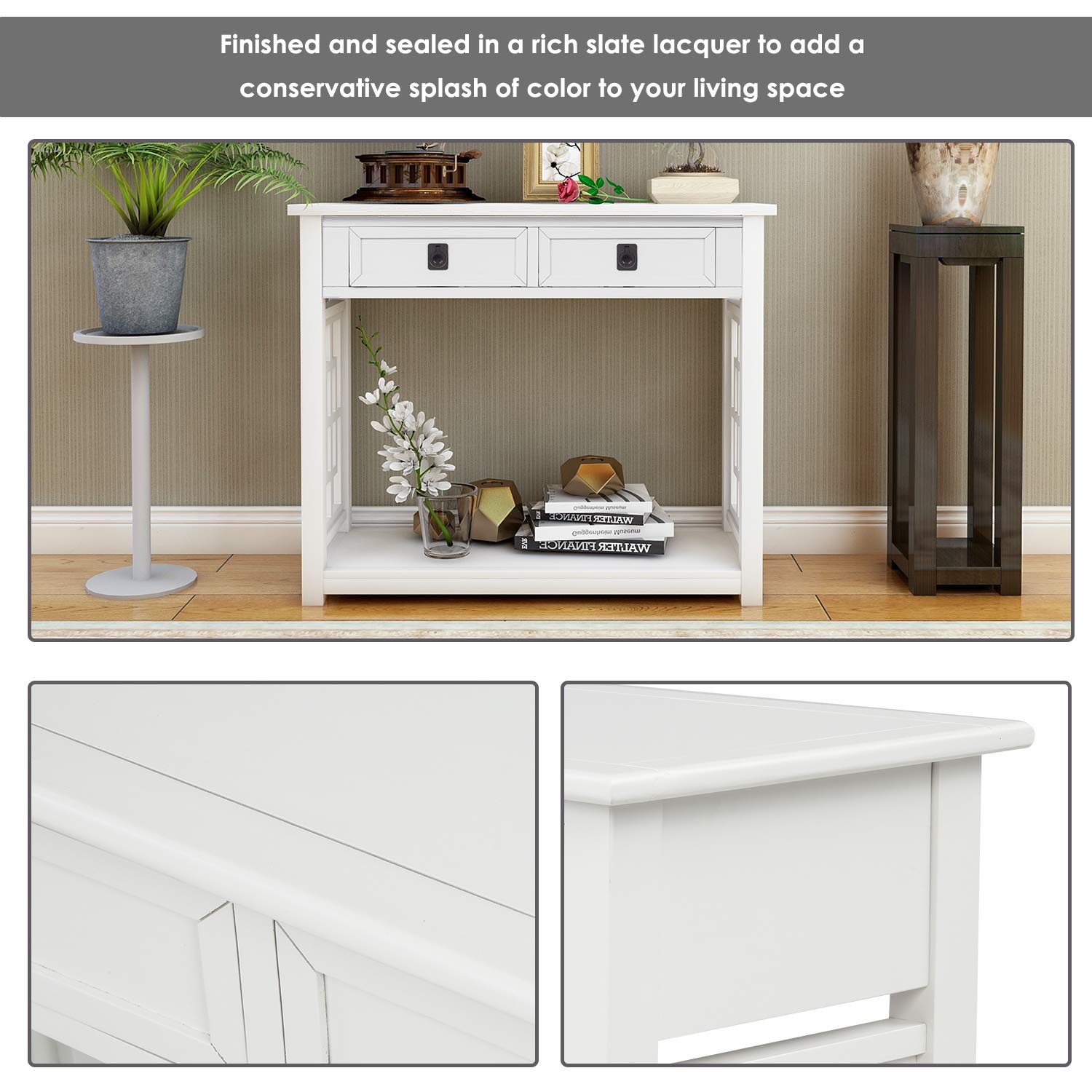 Modern White Wooden Console Table with 2 Drawers & Shelf - Narrow Sofa Table, Entryway Accent Furniture for Living Room, Bedroom, Hallway - 31.5