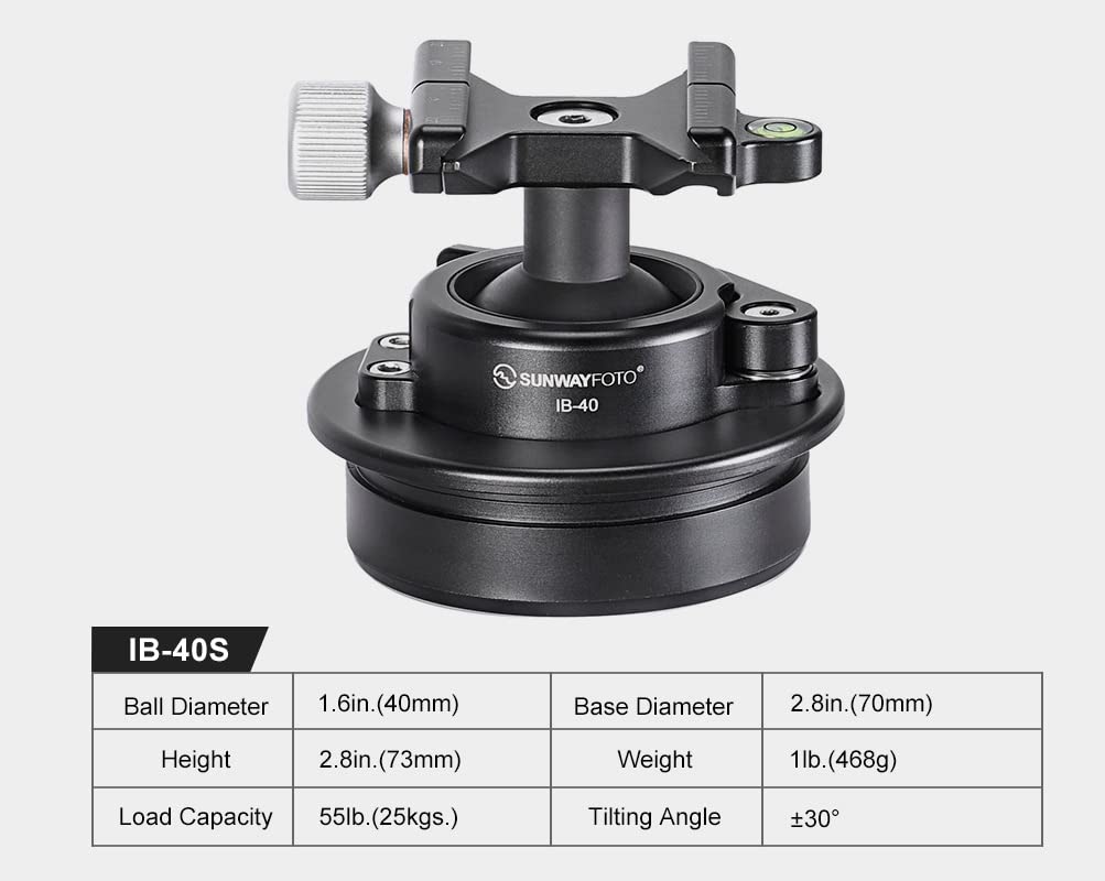 Sunwayfoto IB-40S Low Profile 40mm Ball Head for Tripod with Lever Lock - Arca/RRS Compatible Clamp - Perfect for Landscape Photography, Travel & DSLR Camera Support