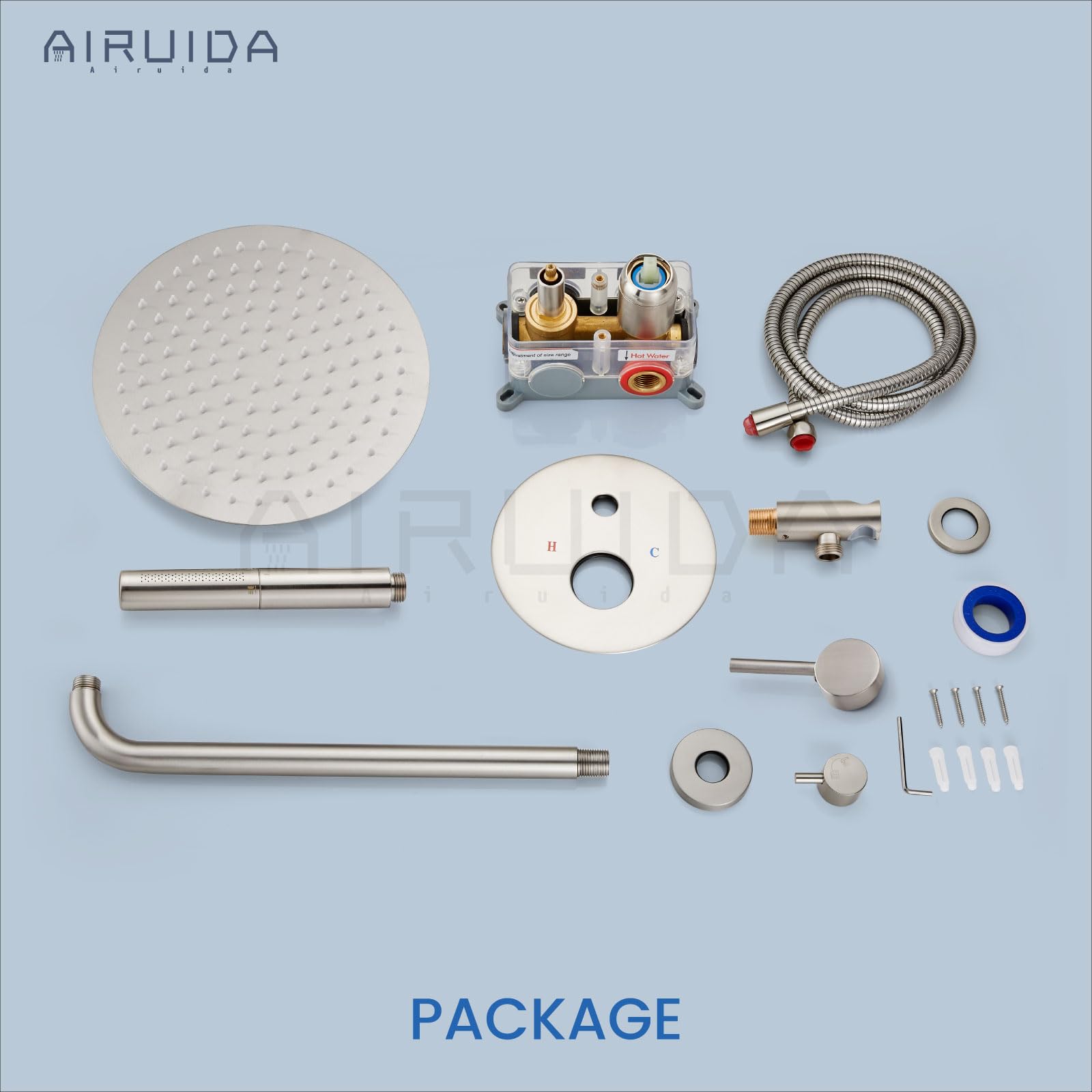 Airuida 2-Function Wall Mounted Shower Faucet Set - High Pressure Brass Handheld Shower with Rough-in Valve & 10 Inch Rainfall Shower Head in Brushed Nickel for Bathroom | Perfect for Spa-Like Experience and Water-Saving Showers