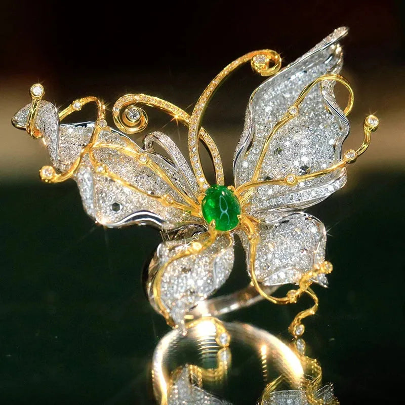 18K White & Yellow Gold Diamond & Natural Emerald Butterfly Pendant Necklace for Women - Luxury High Jewelry Gift for Anniversary, Birthday & Special Occasions