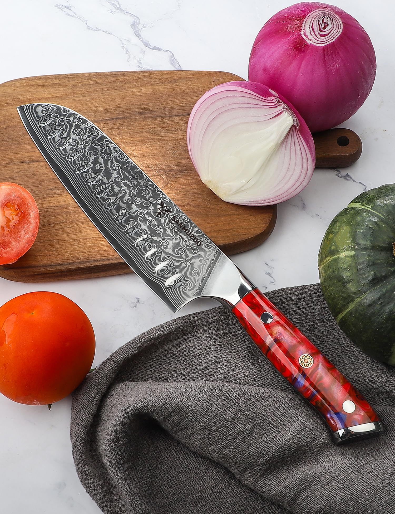 7 Inch Santoku Knife - VG10 Damascus Steel Japanese Kitchen Knife with Resin Handle (Sunset Red) - Xuan Series - Perfect for Slicing, Dicing & Chopping Vegetables, Meat & Fish