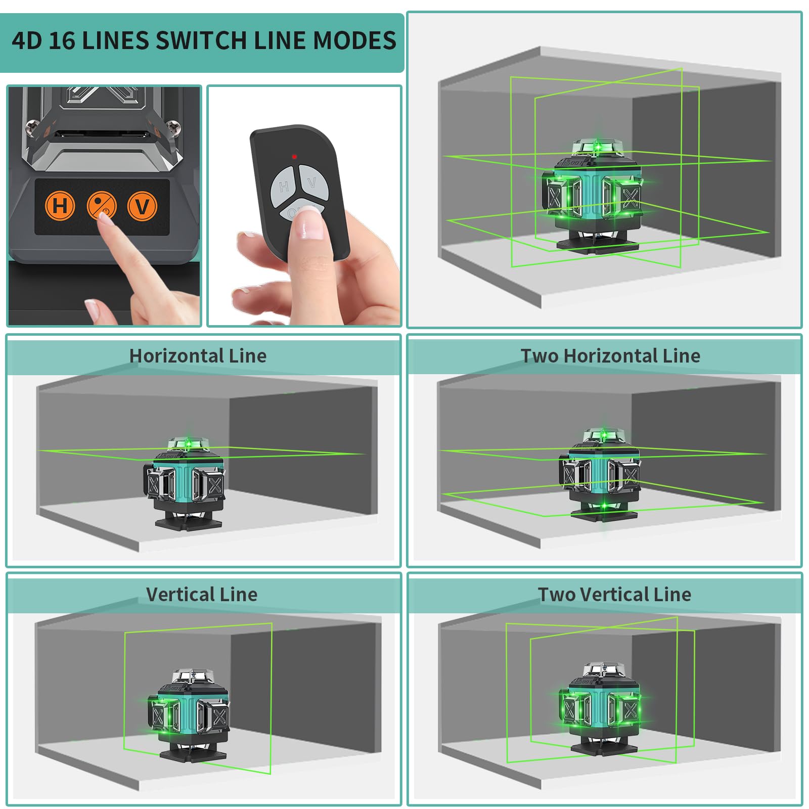 16-Line Self-Leveling Laser Level with 4x360° 4D Green Cross Line - Rechargeable Batteries, Dimmable Brightness & Remote Control - Perfect for Construction, Renovation, and DIY Projects