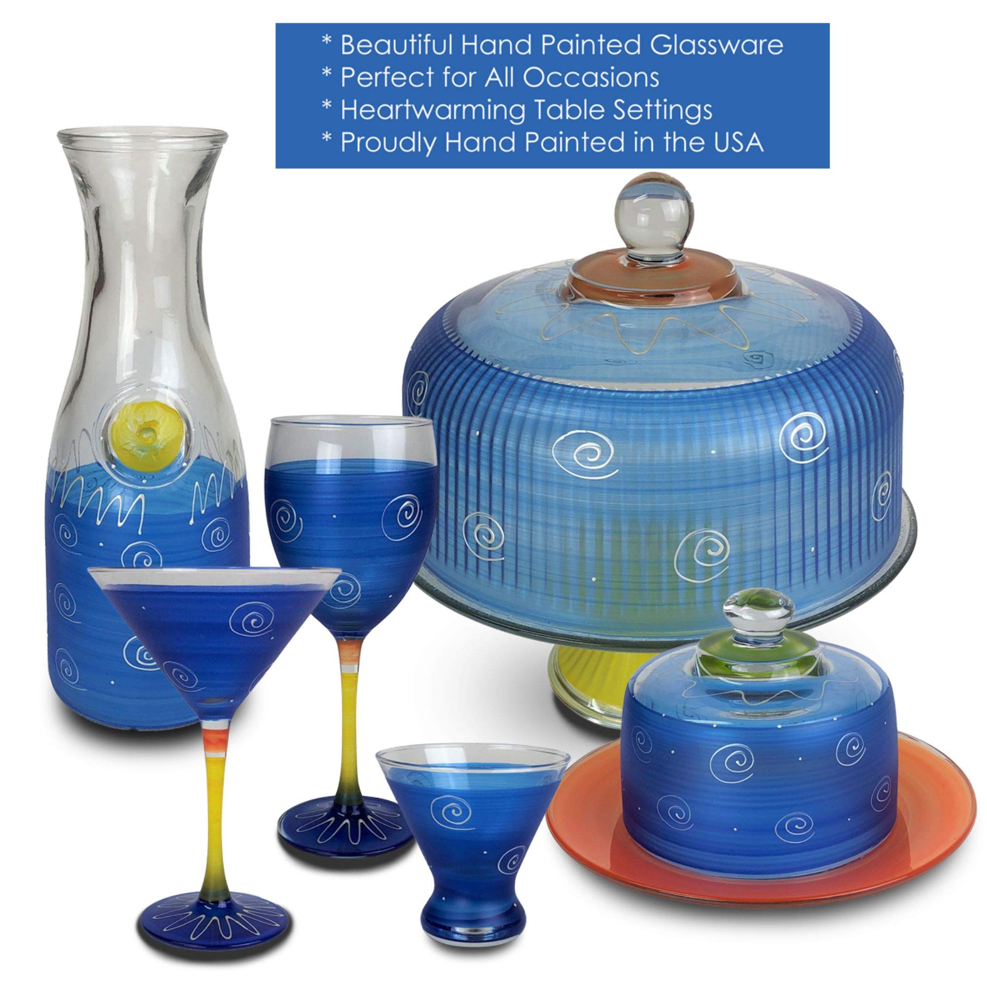 Set of 2 Hand-Painted Dark Blue & White Margarita Glasses - 12oz Cocktail Cups for Parties, Mexican Restaurants & Home Bar Decor