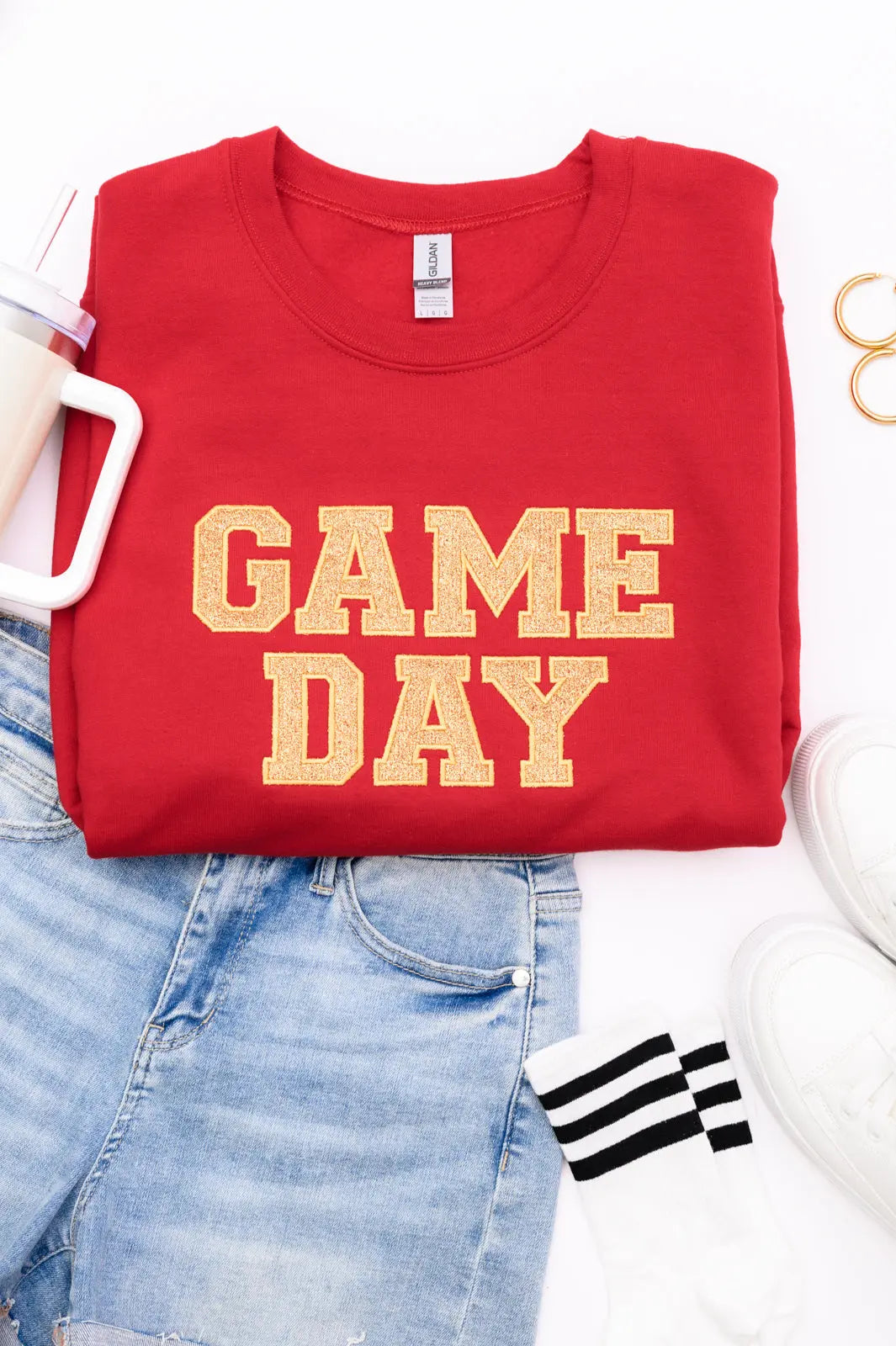 PREORDER: Embroidered Glitter Game Day Sweatshirt - Red & Old Gold | Women's College Football Fan Apparel for Tailgating & Sports Events