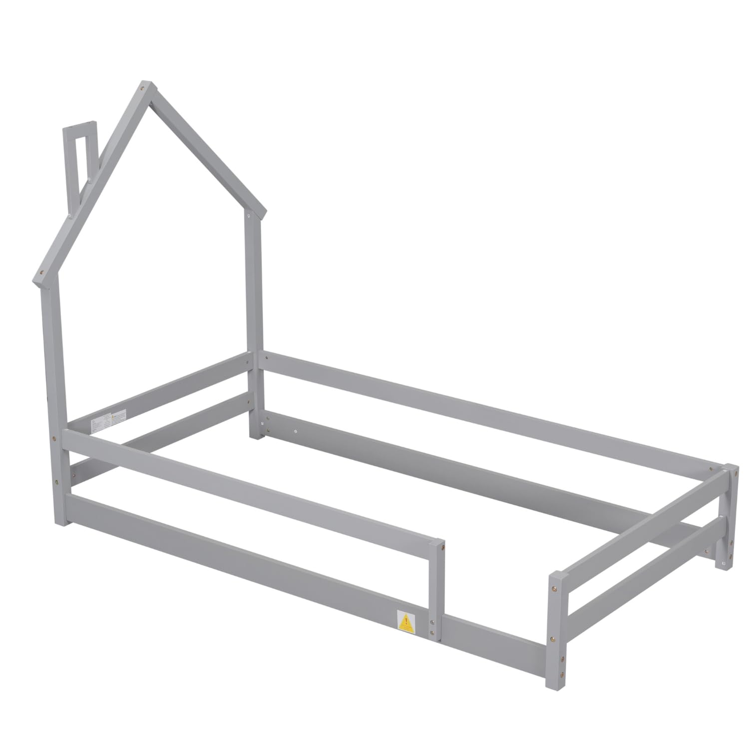 Montessori Twin Size Wood Floor Bed Frame with Safety Rails & House-Shaped Headboard - Low Profile Grey Wooden Bed for Kids Boys Girls - Perfect for Montessori Bedrooms, Daycare Centers & Toddler Rooms