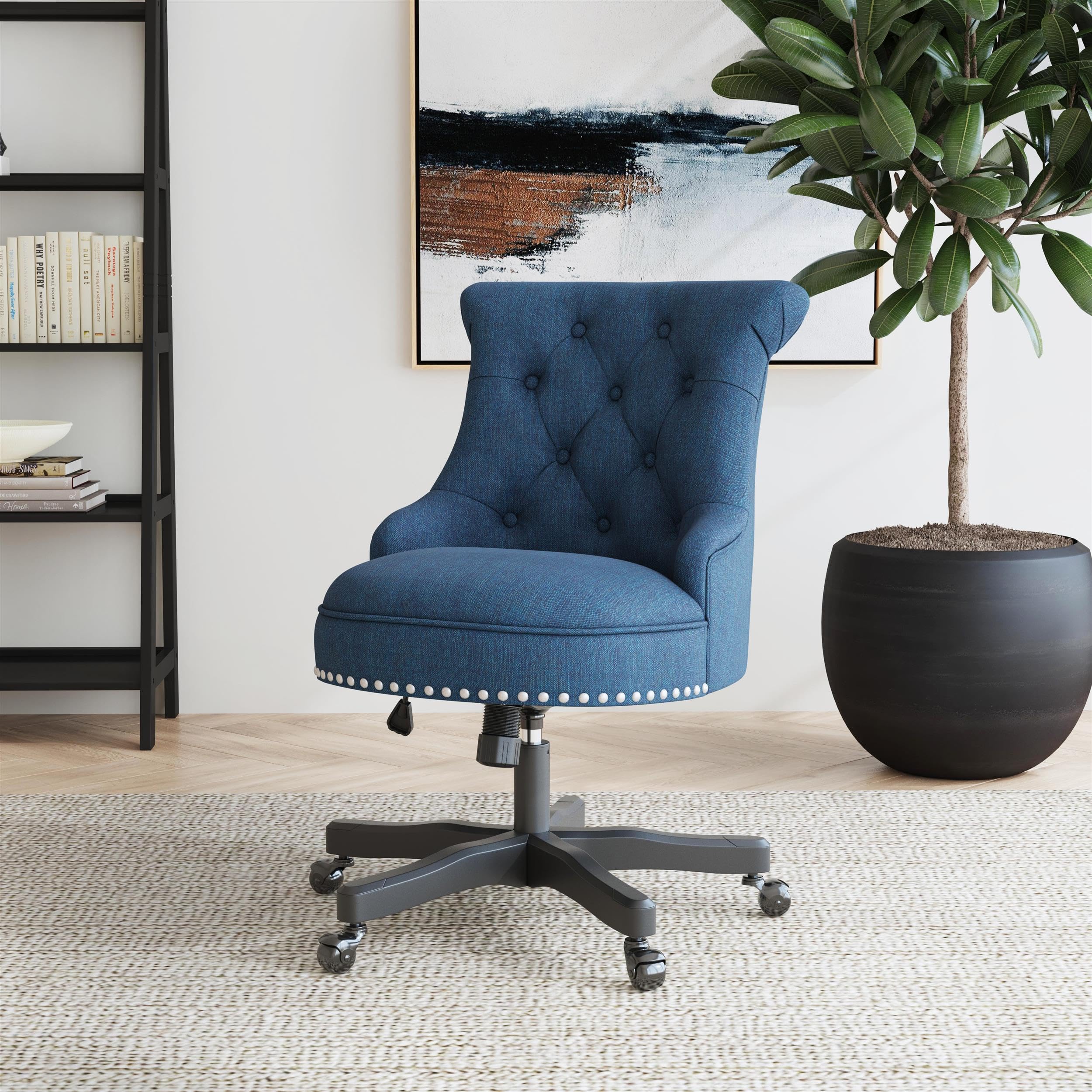 Linon Sinclair Wood Upholstered Office Chair - Ergonomic Blue Desk Chair for Home & Office Workspace, Comfortable Computer Task Chair with Adjustable Height for Long Hours Sitting