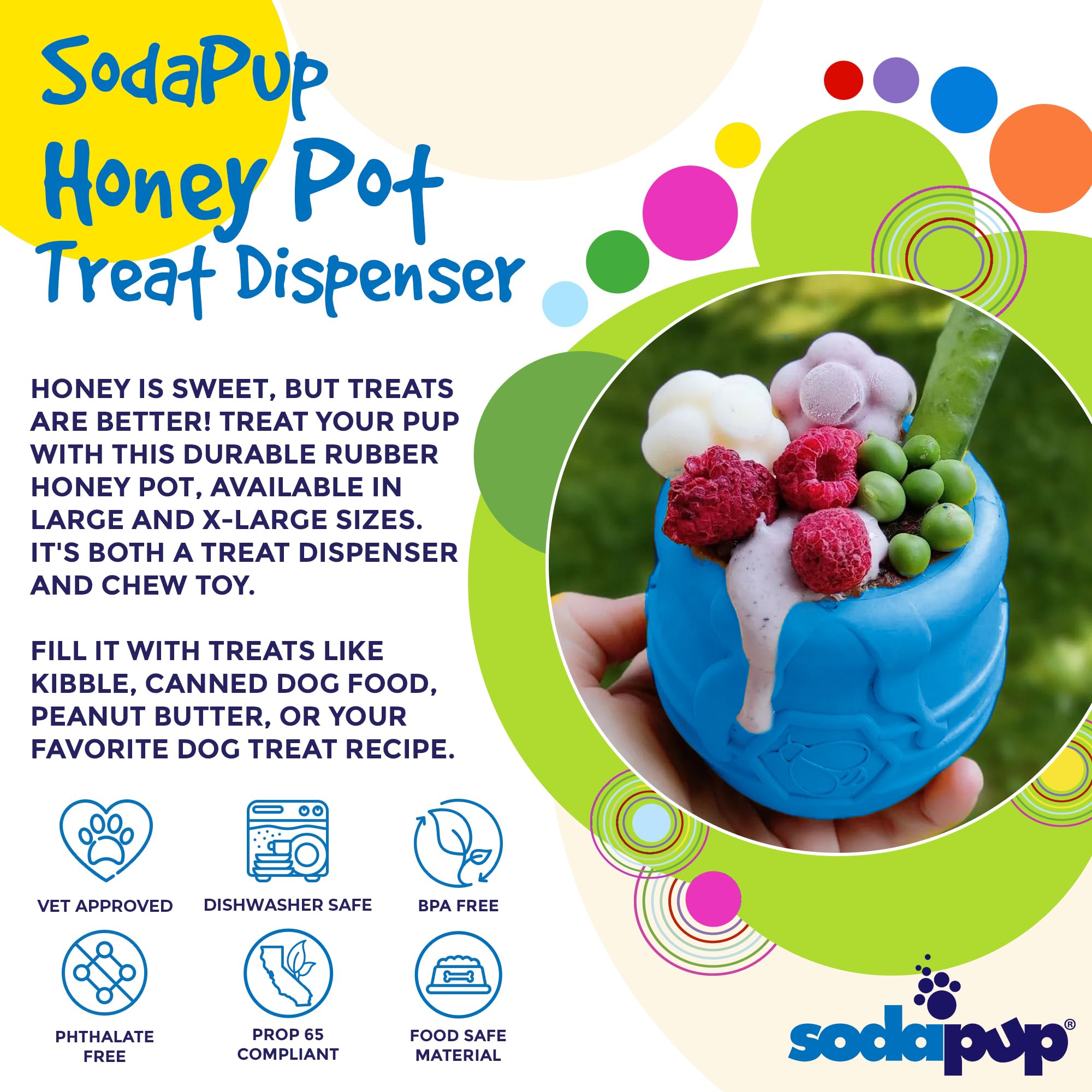 SodaPup Honey Pot – Durable Natural Rubber Dog Treat Dispenser Toy | Non-Toxic & Food Safe | Made in USA | Mental Stimulation & Anxiety Relief for Dogs | Perfect for Training, Boredom Relief & Chewing Needs