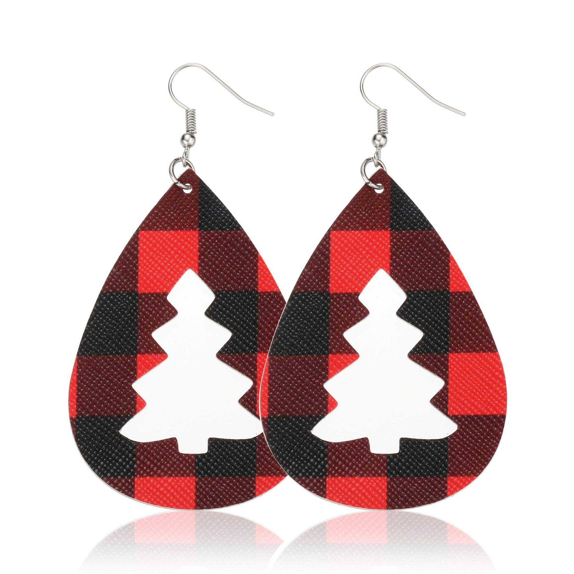 Stylish Multilayer Leaf Dangle Earrings for Women - Lightweight Bohemian Leather Earrings with Red Plaid & Leopard Print, Teardrop Waterdrop Design - Perfect for Christmas, Parties & Boho Fashion Jewelry
