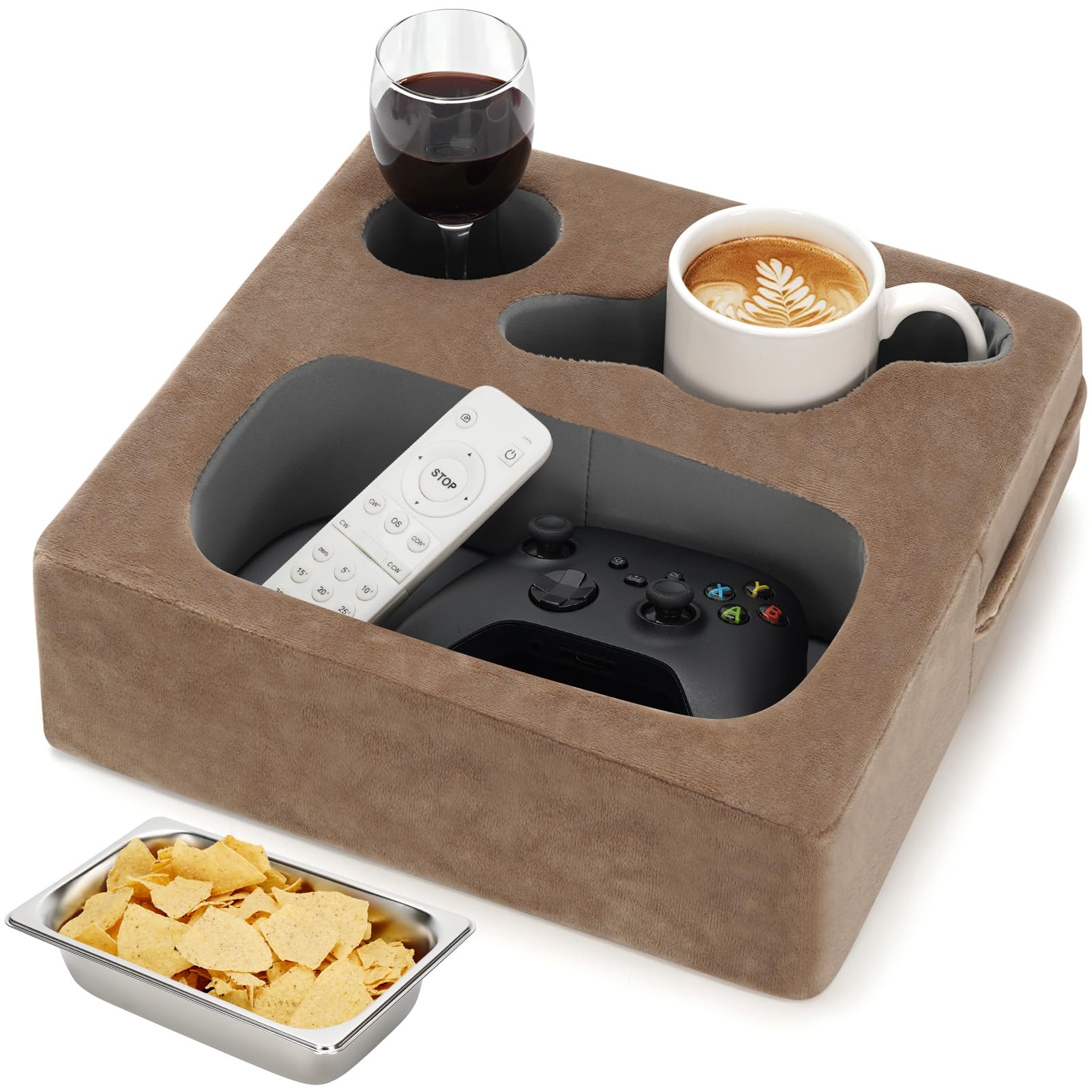 Multi-Functional Couch Cup Holder & Organizer - Sofa Caddy with Remotes Holder for Drinks, Snacks, Phone & Headphones - Perfect for Living Room, Bed, Car, RV, Beach & Travel (Light Brown) - Ideal for Movie Nights, Road Trips & Relaxation