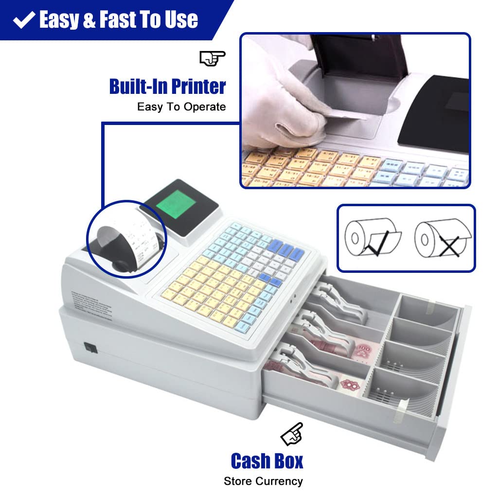 48-Key Electronic Cash Register with Money Drawer, Flat Keyboard & Thermal Printer - Commercial POS System for Retail Stores, Restaurants & Small Businesses