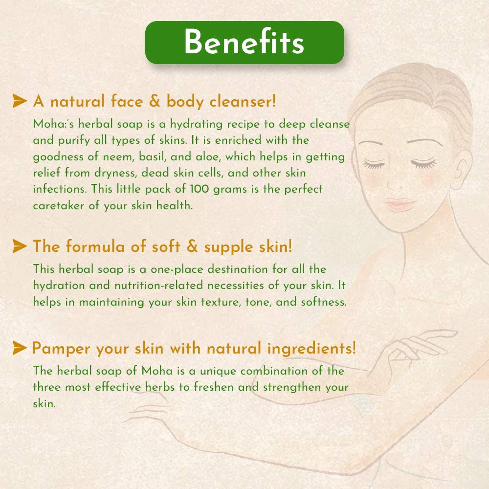 Organic Moha Herbal Soap Bar - Natural Aloe Vera, Basil & Neem Face & Body Cleanser | Gentle Unisex Bathing Bar for Sensitive Skin | 100g Each (Pack of 3) | Perfect for Daily Skincare Routine, Acne Treatment & Relaxing Bath Time
