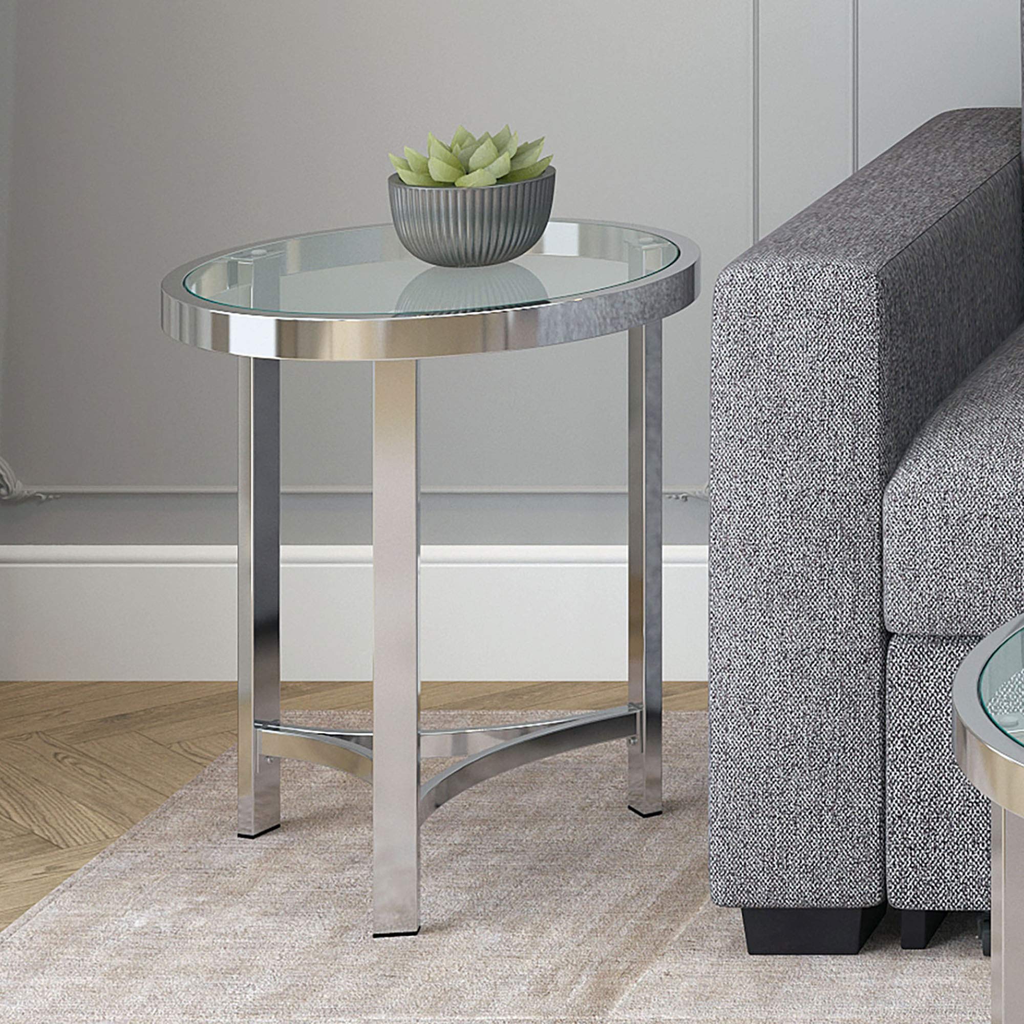 Modern Glass and Chrome Accent Side Table - Stylish Bedside Table for Living Room, Bedroom & Office Decor
