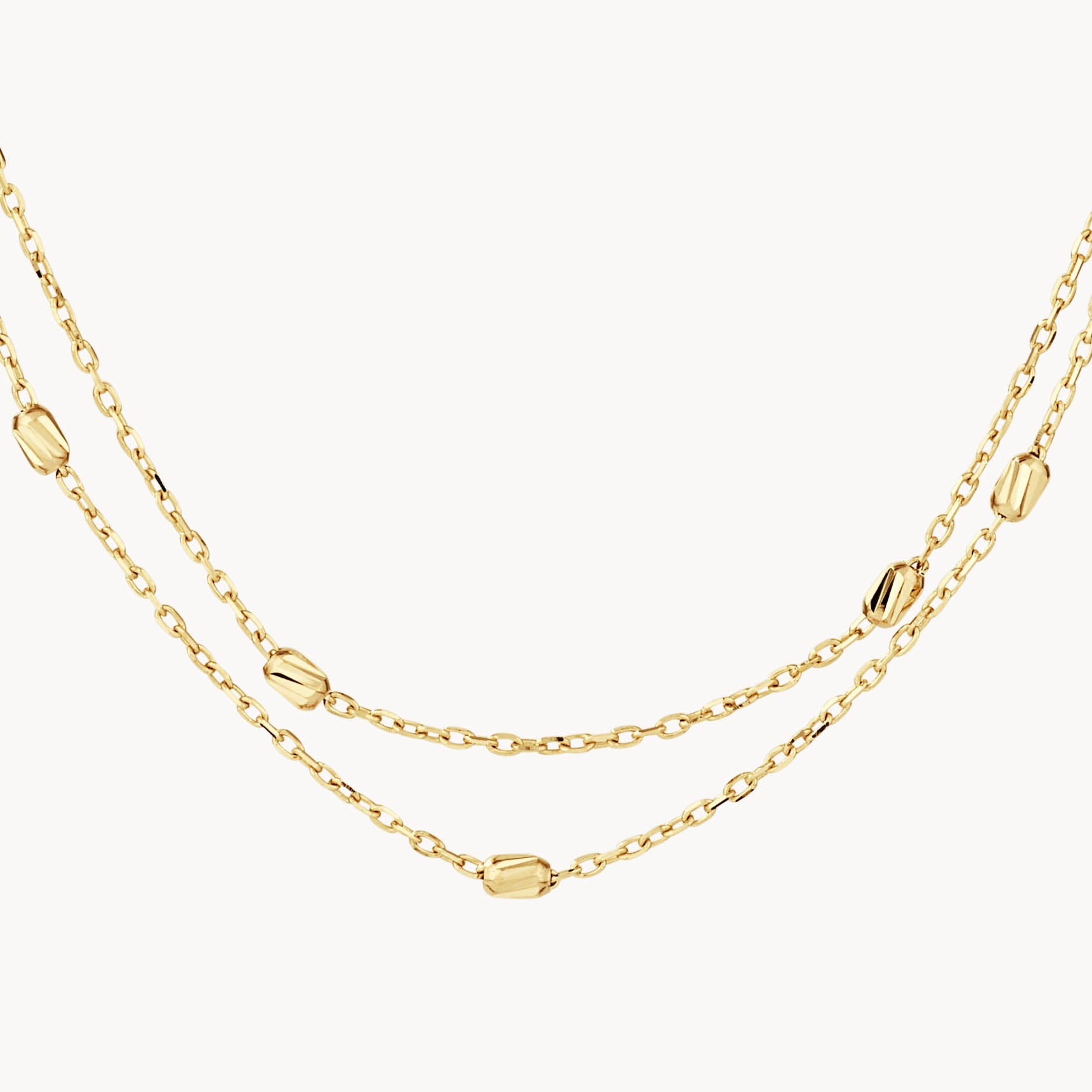 10k Gold Double Chain Bead Station Necklace - Elegant Layered Necklace for Women, Perfect for Date Night, Wedding & Special Occasions