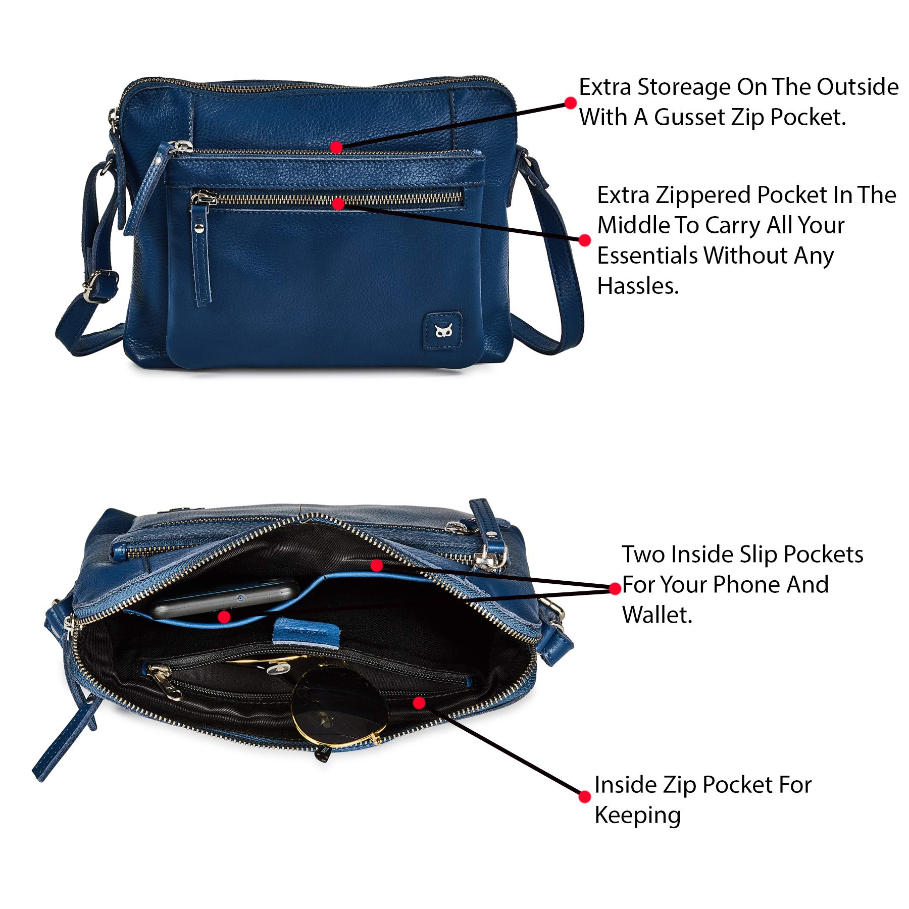 Wise Owl Women's Premium Triple Zip Crossbody Bag - Soft Pebbled Genuine Leather Sling Shoulder Purse for Everyday Use, Travel & Work (Sapphire Blue Nappa Leather) - Perfect Gift for Her