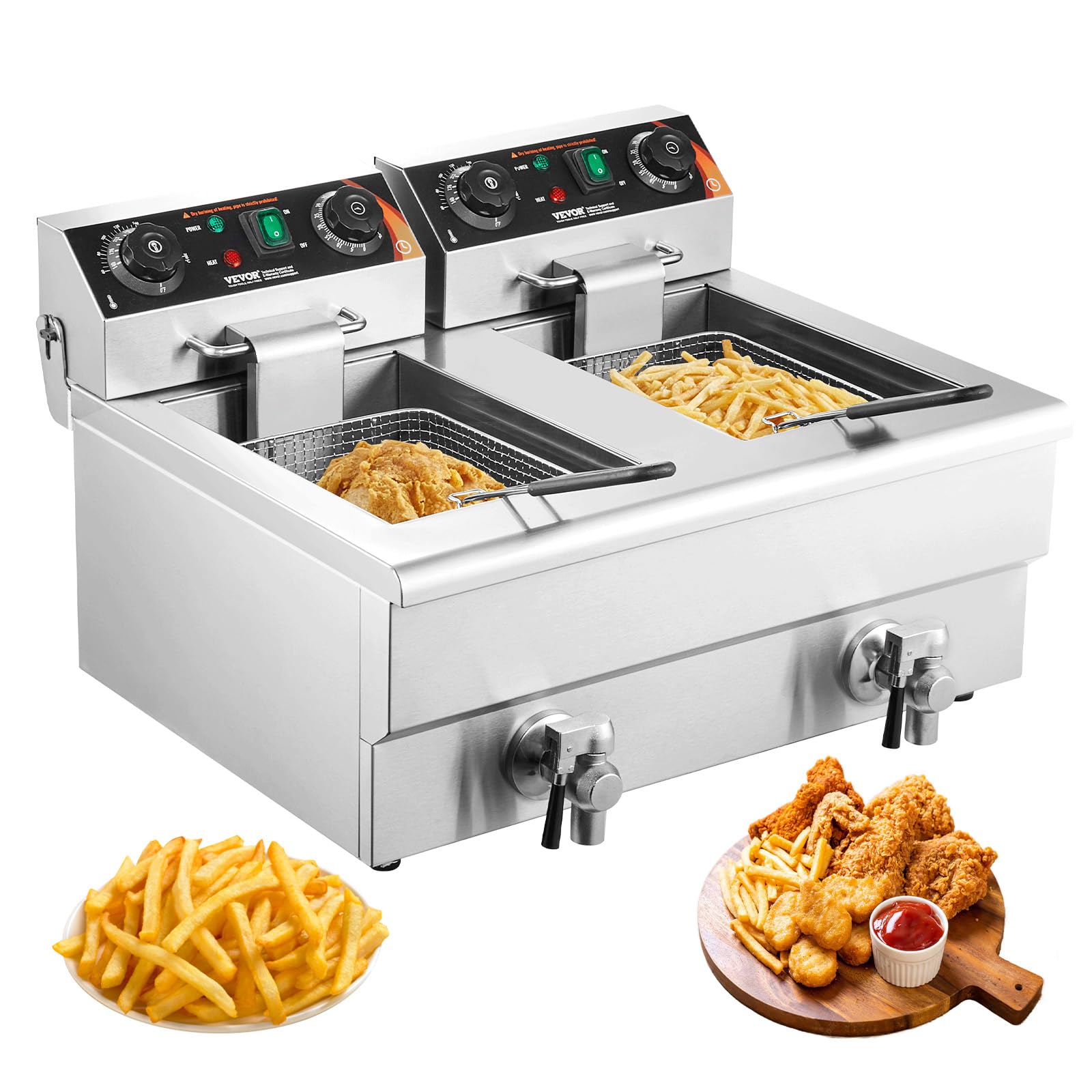 VEVOR 3000W Commercial Dual Tank Electric Deep Fryer with Basket, 2 x 11.6Qt/11L Stainless Steel Oil Fryer with Drain, Timer & Temperature Control - Perfect for Restaurants, Fast Food Shops, and Home Kitchen Use